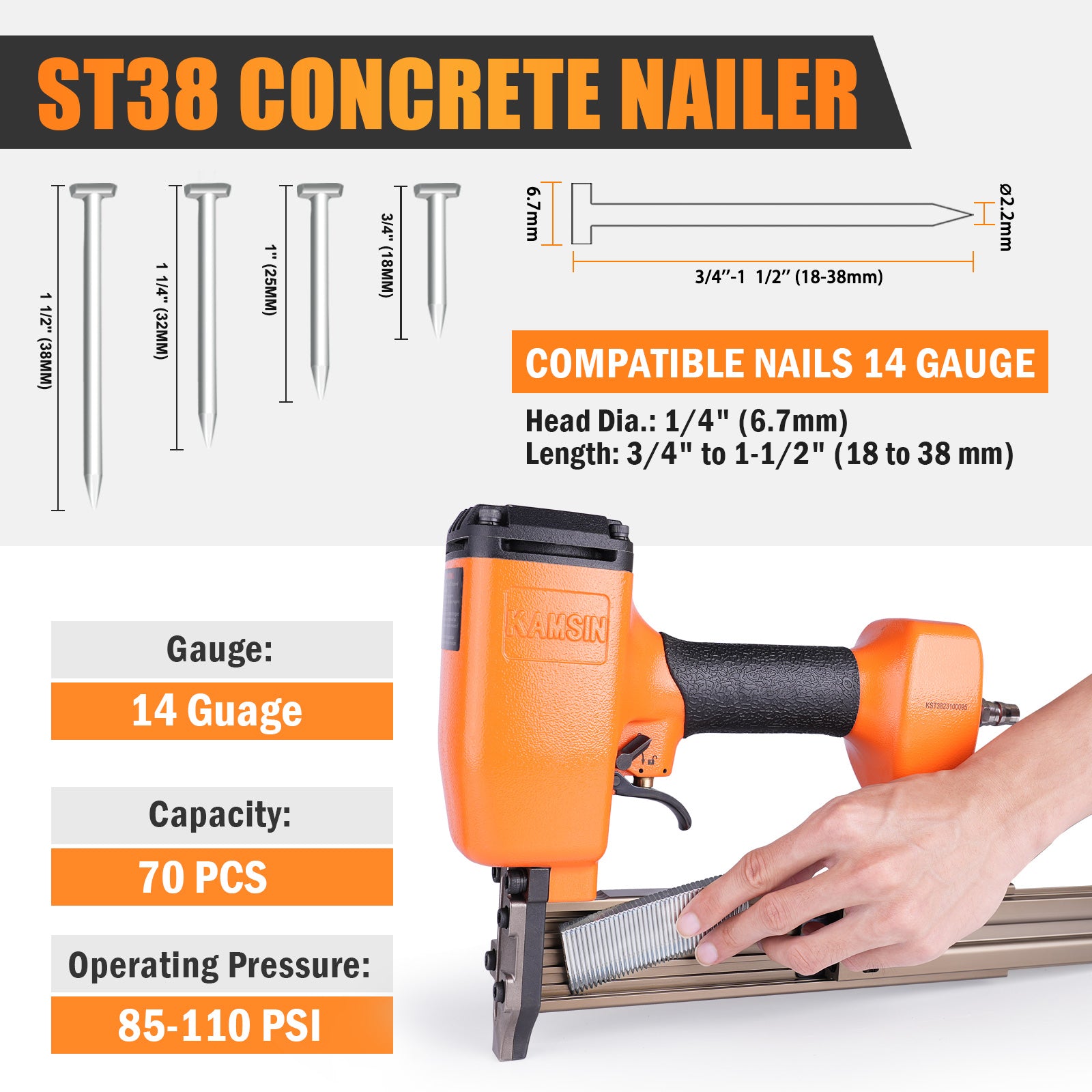 KAMSIN ST38 Concrete Nailer, 14 Gauge 3/4 Inch to 1-1/2 Inch Concrete Nail Gun/T Nailer/Air Brad Nailer for Truss Building, Concrete Brick Nailing and Hardwood