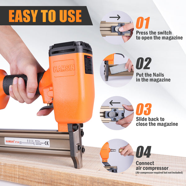 KAMSIN ST38 Concrete Nailer, 14 Gauge 3/4 Inch to 1-1/2 Inch Concrete Nail Gun/T Nailer/Air Brad Nailer for Truss Building, Concrete Brick Nailing and Hardwood