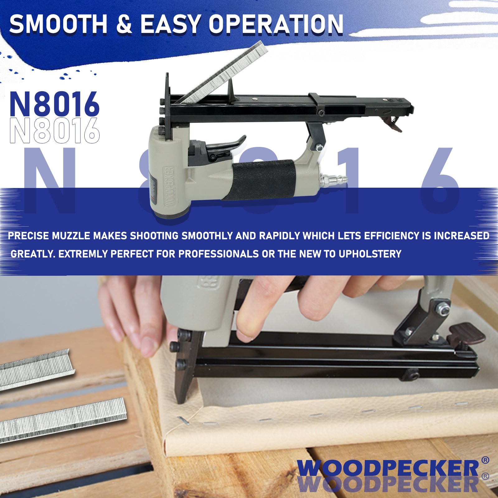 Woodpecker - N8016 Pneumatic Upholstery Stapler, 21 Gauge, Full Metal, 1/2