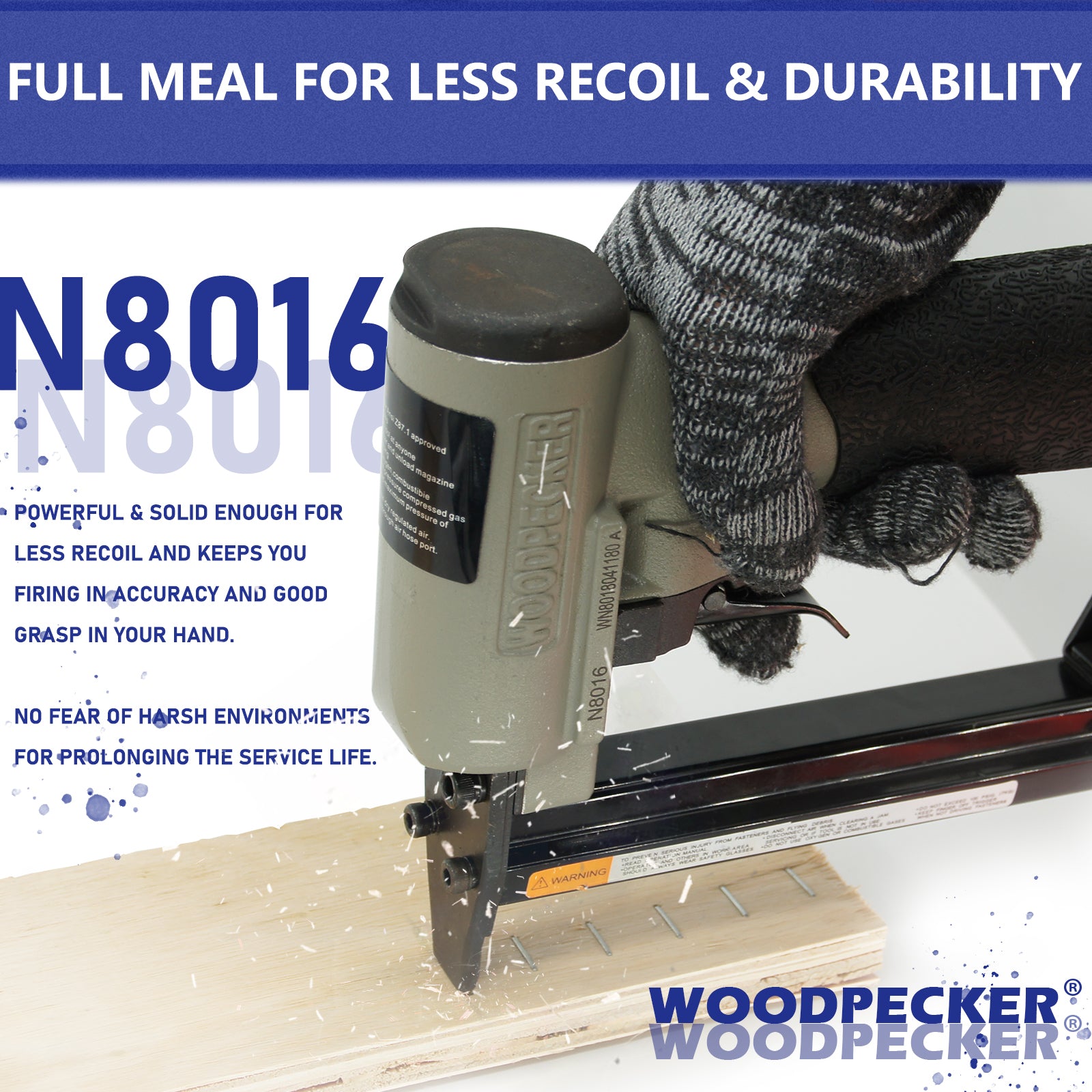 Woodpecker - N8016 Pneumatic Upholstery Stapler, 21 Gauge, Full Metal, 1/2