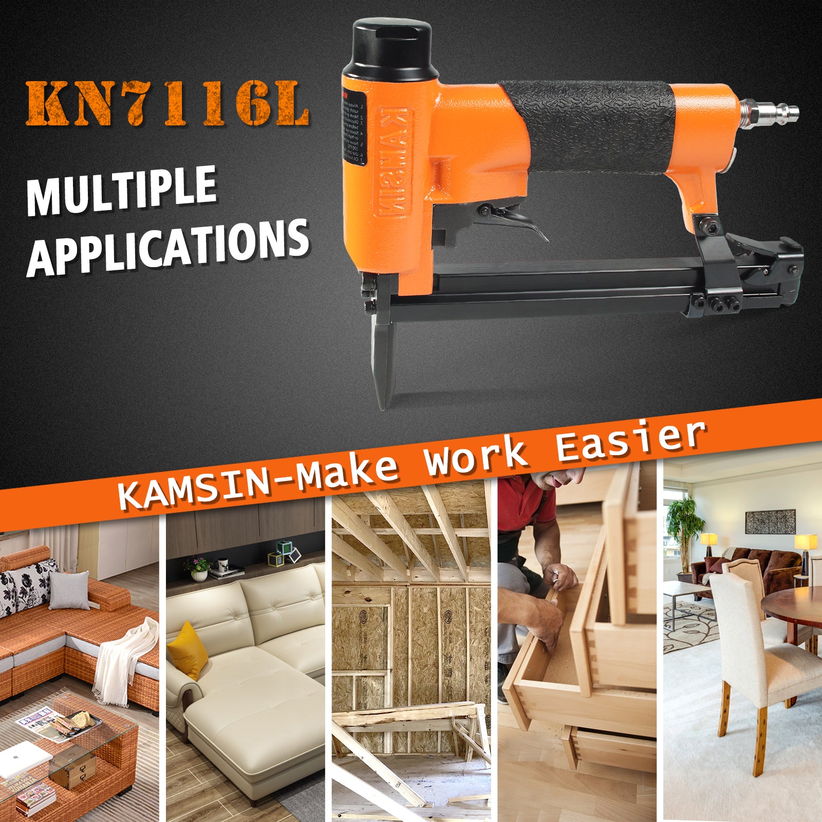 KAMSIN KN7116L 22 Gauge Pneumatic Upholstery Stapler with Long Nose 71 Series 3/8