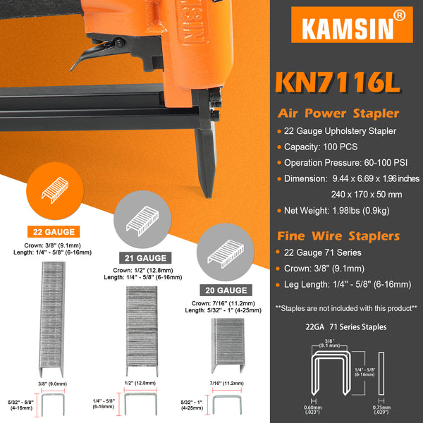 KAMSIN KN7116L 22 Gauge Pneumatic Upholstery Stapler with Long Nose 71 Series 3/8" Crown