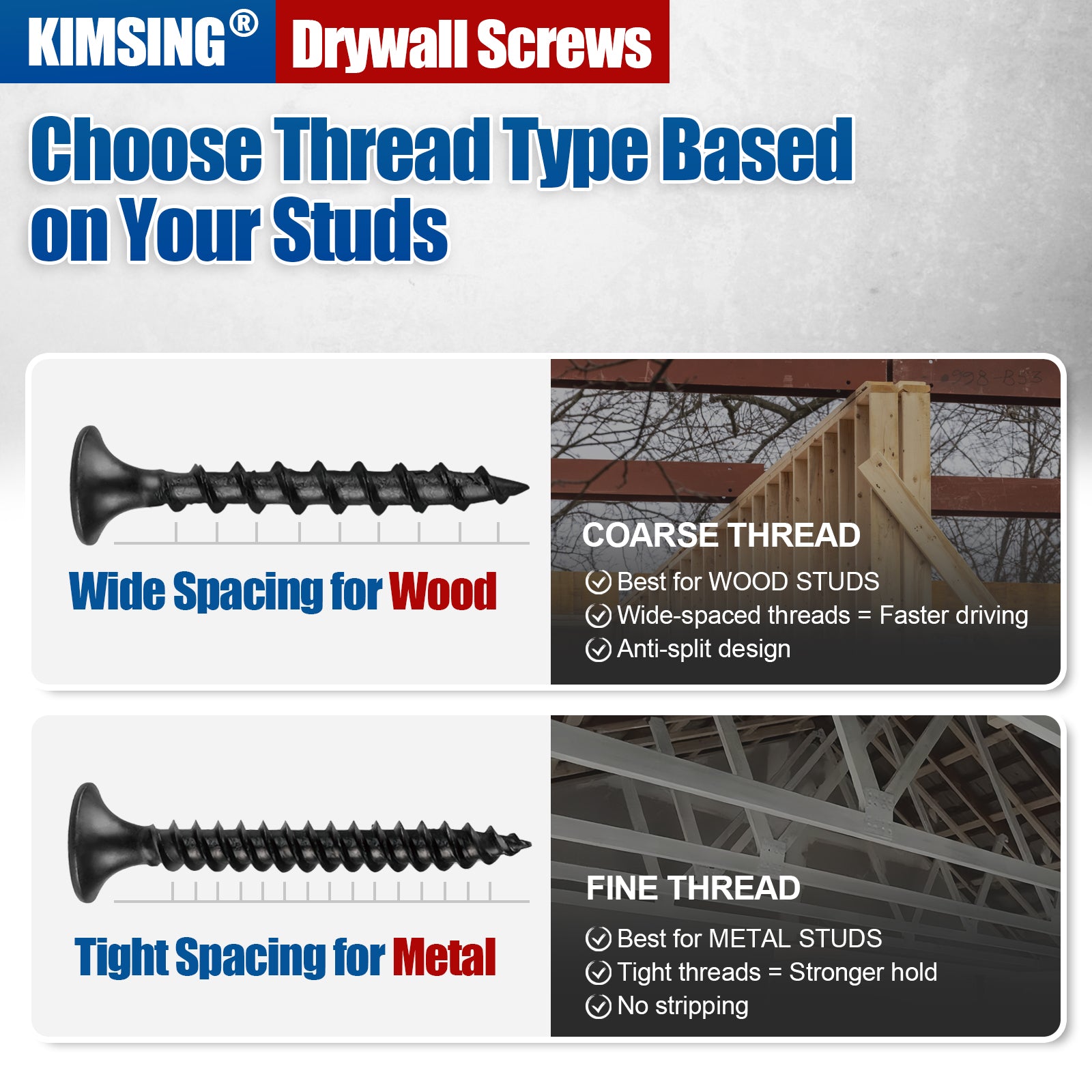KIMSING Drywall Screws 2lb/Box, #6 Fine Thread Philips Drive #2 Bugle Head Wood Screws with Black Phosphate Finish M3.5 Sharp Point Screws