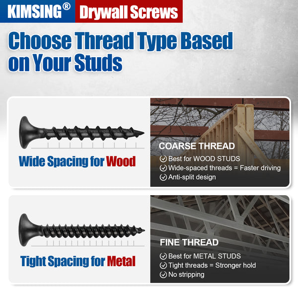 KIMSING Drywall Screws 2lb/Box, #6 Fine Thread Philips Drive #2 Bugle Head Wood Screws with Black Phosphate Finish M3.5 Sharp Point Screws