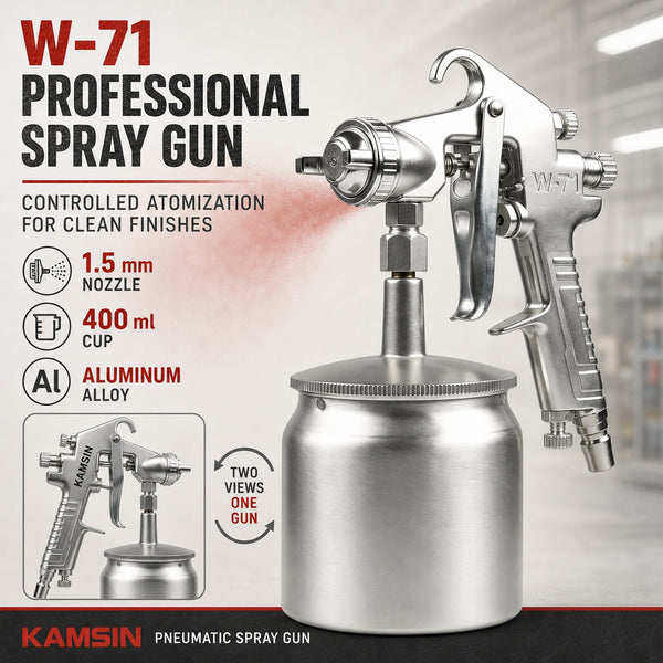 KAMSIN W-71 Professional Pneumatic Spray Gun, 1.5 mm Fluid Nozzle, 400 ml Bottom-Feed Aluminum Cup, 3-Way Adjustable Control, Lightweight Alloy Body, for Automotive, Wood Furniture, and General Finishing