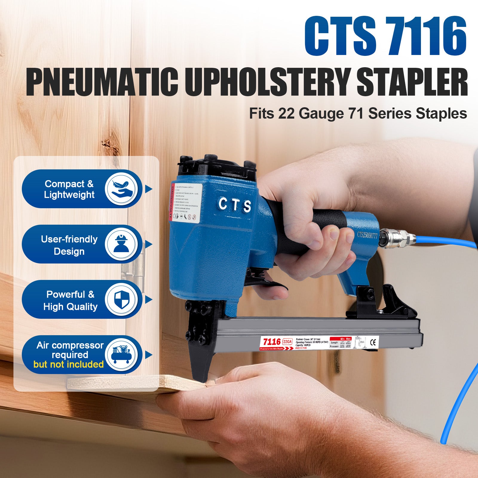 CTS 7116 Pneumatic Upholstery Stapler, 22 Guage Type 71, 3/8-Inch Crown
