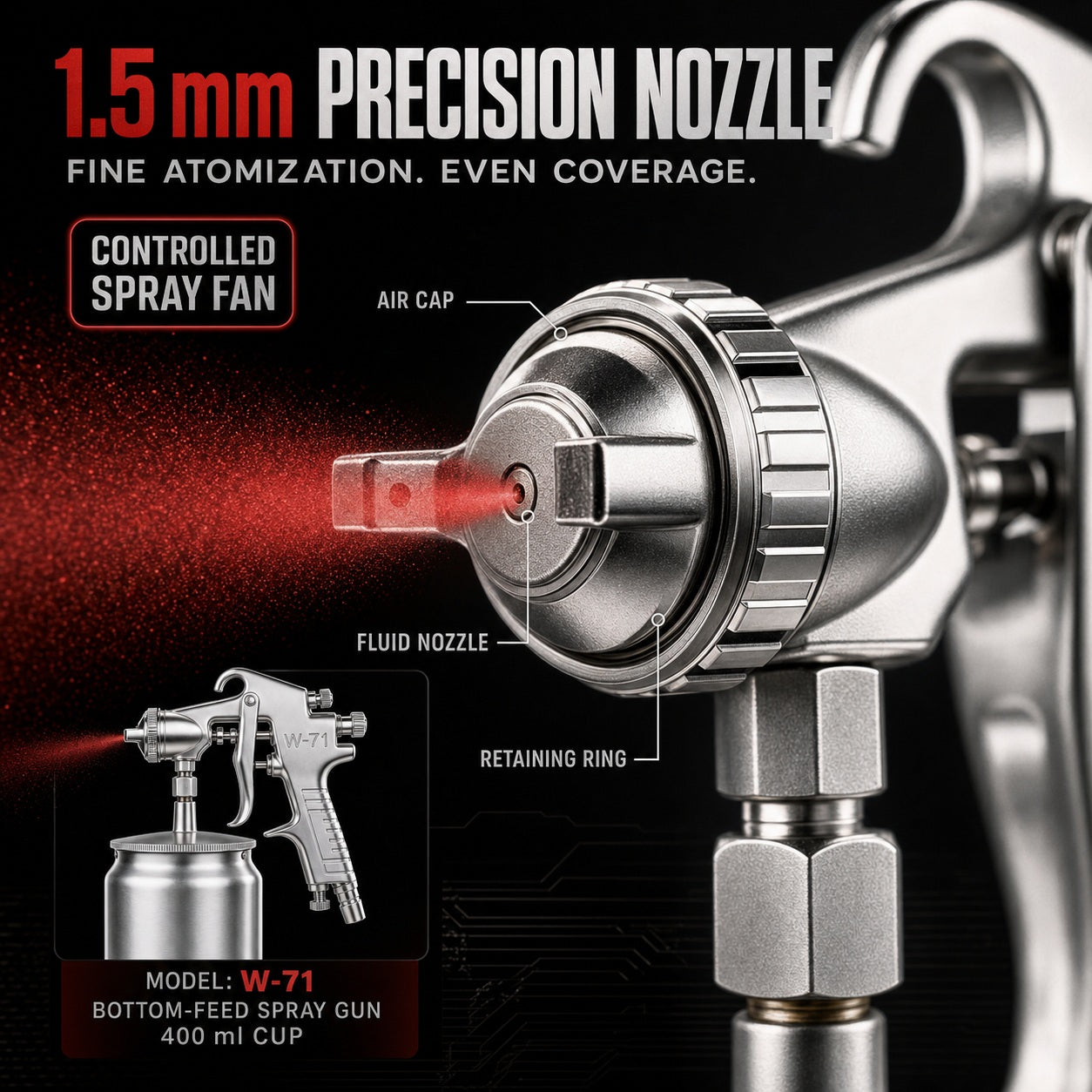 KAMSIN W-71 Professional Pneumatic Spray Gun, 1.5 mm Fluid Nozzle, 400 ml Bottom-Feed Aluminum Cup, 3-Way Adjustable Control, Lightweight Alloy Body, for Automotive, Wood Furniture, and General Finishing
