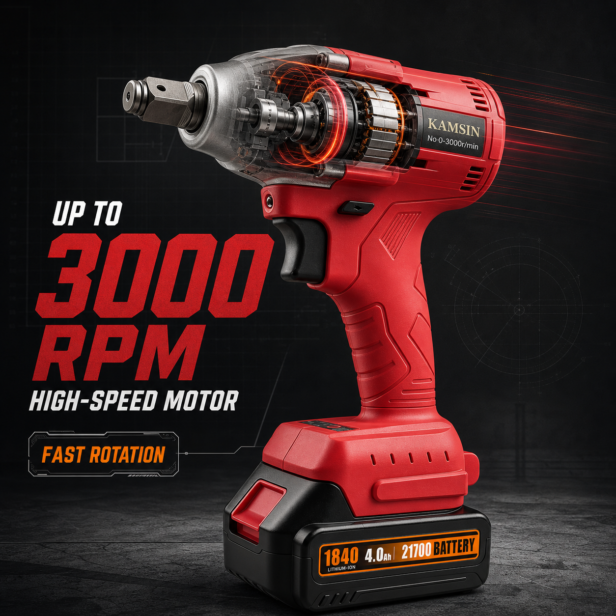 KAMSIN 1840 Cordless Impact Wrench, 18V 4.0Ah 21700 Lithium-Ion Battery, 0–3000 RPM High-Speed Motor, Reinforced Metal Anvil, Ergonomic Grip, for Scaffolding, Steel Structural Bolts, and Automotive Wheel Removal