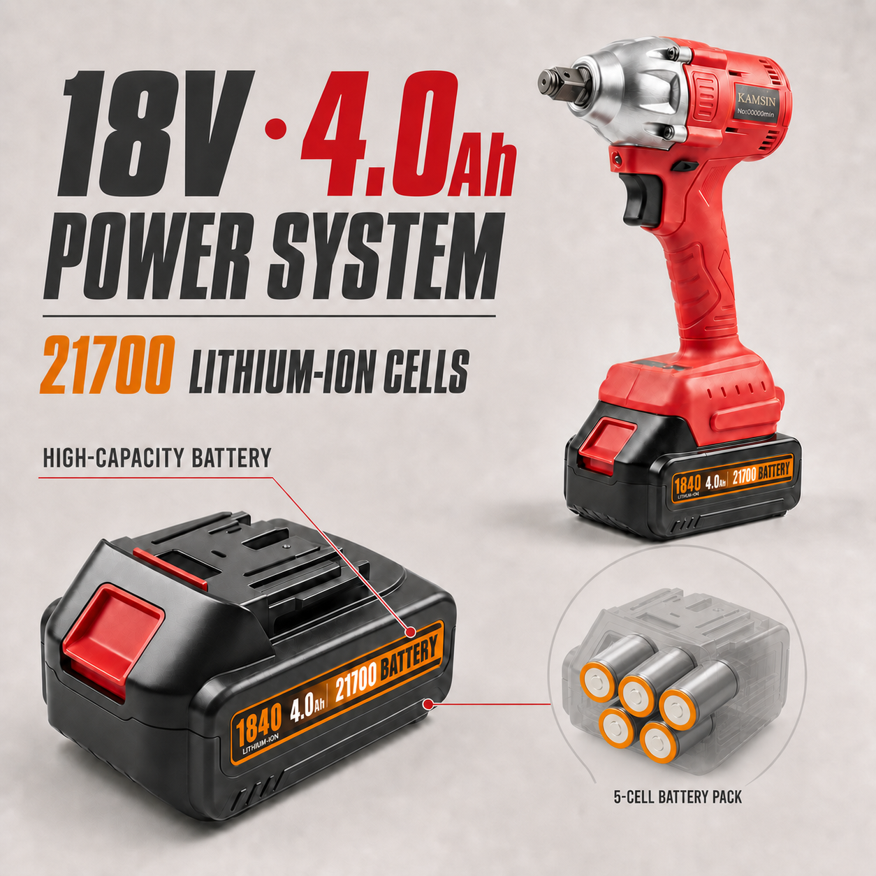 KAMSIN 1840 Cordless Impact Wrench, 18V 4.0Ah 21700 Lithium-Ion Battery, 0–3000 RPM High-Speed Motor, Reinforced Metal Anvil, Ergonomic Grip, for Scaffolding, Steel Structural Bolts, and Automotive Wheel Removal