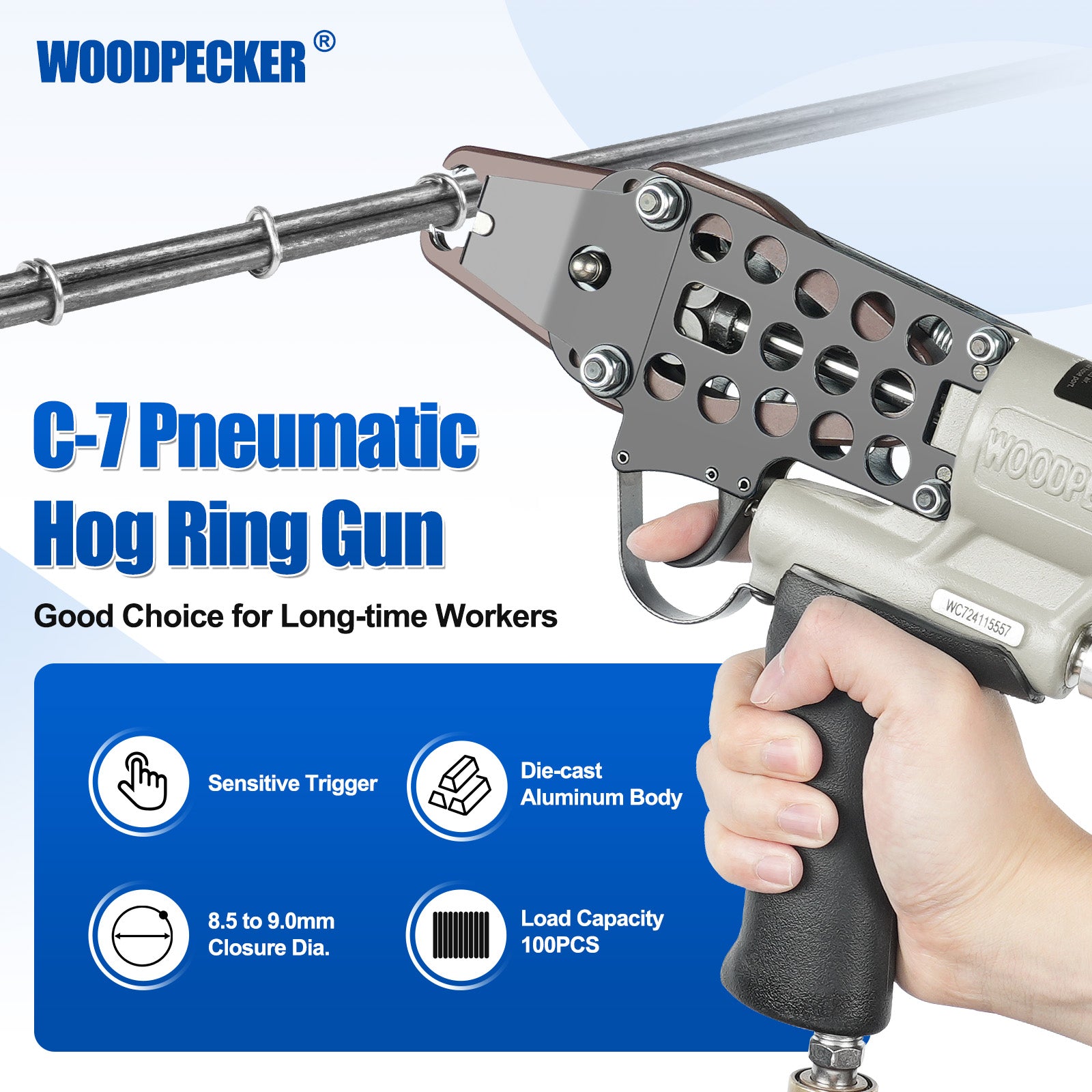 WOODPECKER C-7 Pneumatic Hog Ring Plier 27mm Crown, 8.5mm to 9.0mm Closure Diameter Hog Ring Gun for Mattress Manufacturing, Strapping, Fencing, Cages