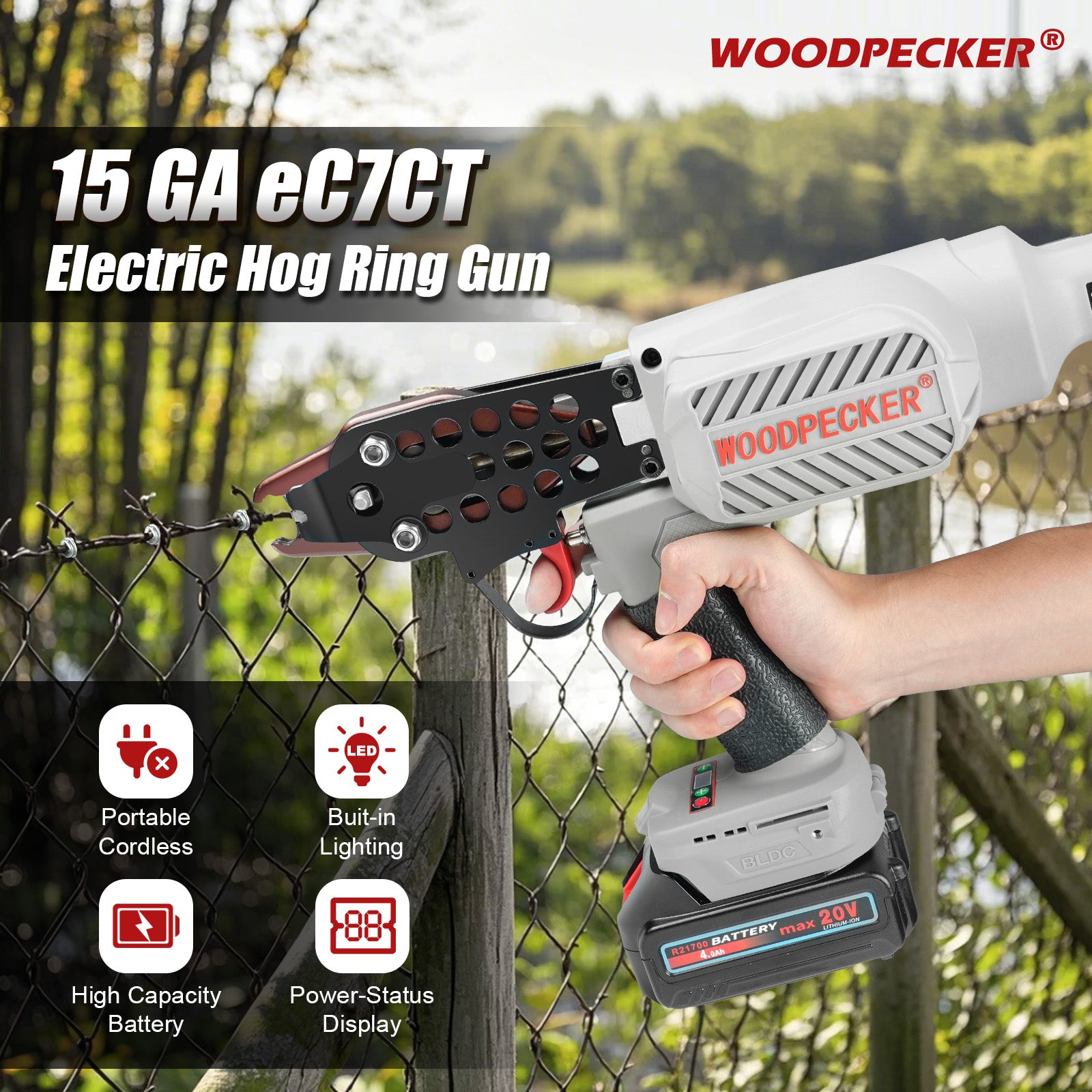 WOODPECKER eC7CT 15GA Cordless 20V 4.0Ah Electric Hog Ring Gun, 3/4-Inch Crown, 4.8-5.2mm Closure Diameter, Battery Powered C Ring Plier Tool for Fencing, Wire Cages