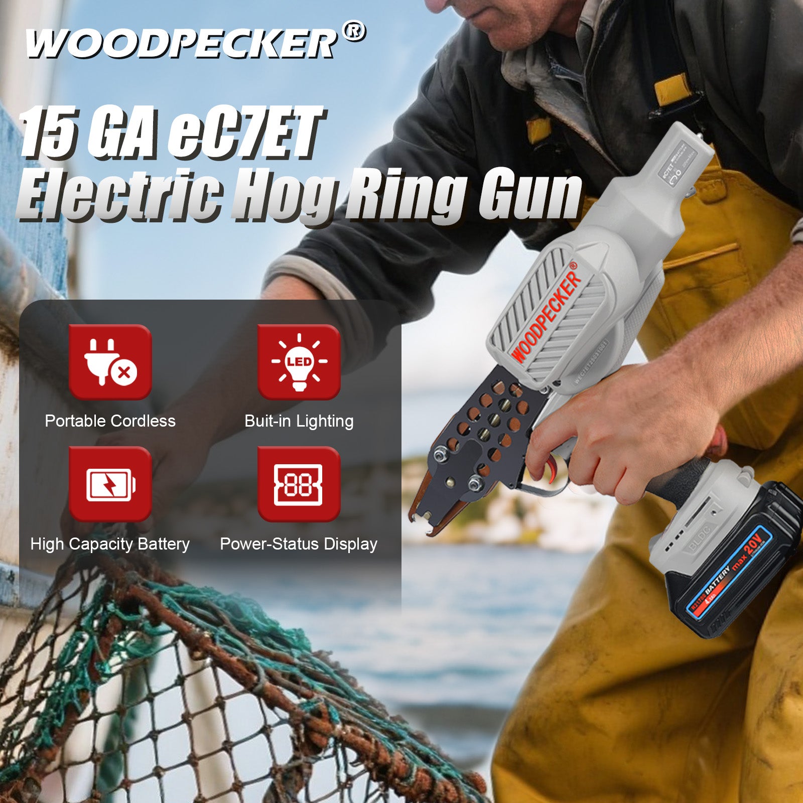 WOODPECKER eC7ET 15GA Cordless 20V 4.0Ah Electric Hog Ring Gun, 3/4-Inch Crown, 7.0-8.0mm Closure Diameter, Battery Powered C Ring Plier Tool for Fencing, Wire Cages