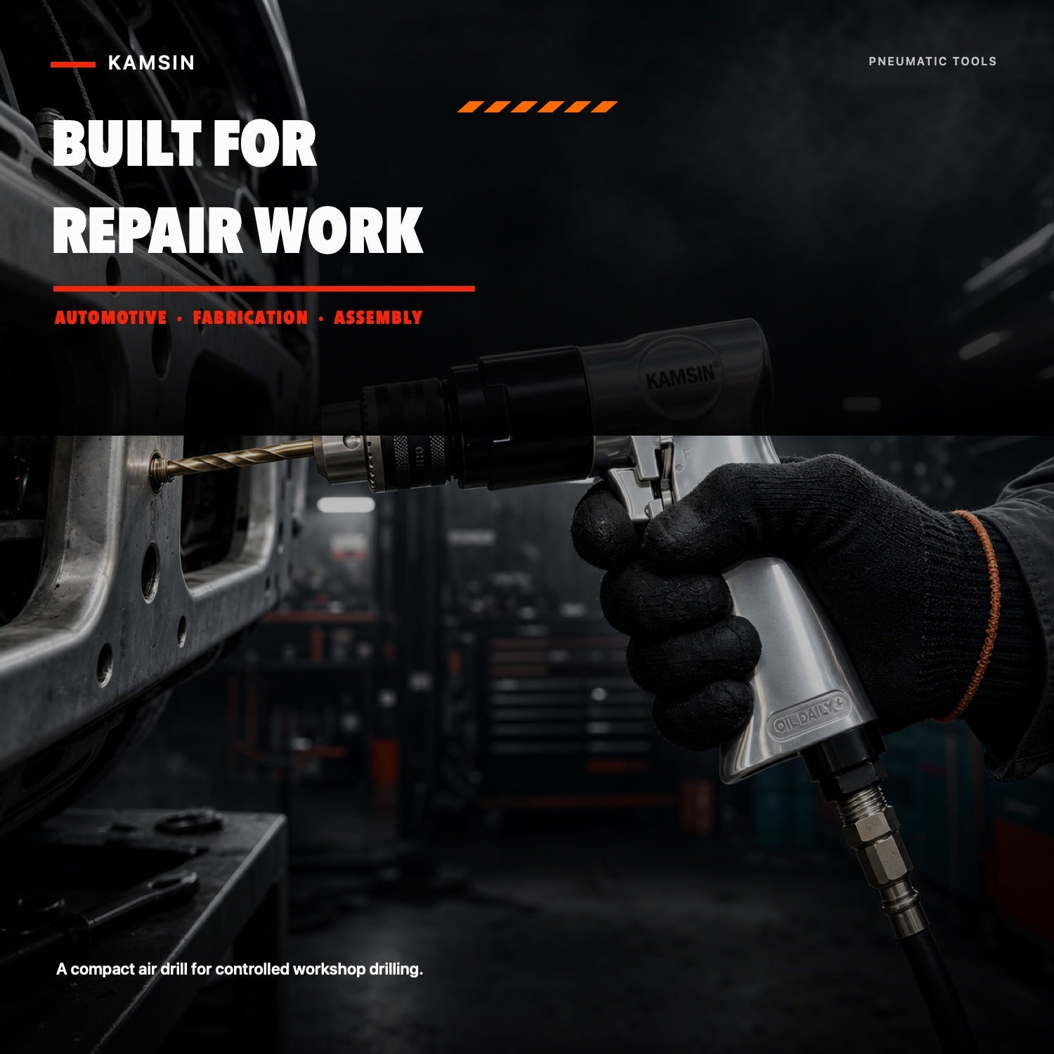 KAMSIN High-Torque Pneumatic Air Drill with Keyed Chuck, 1.5–10mm Capacity, Forward/Reverse Control, Metal Body for Heavy-Duty Metalworking and Automotive Repair