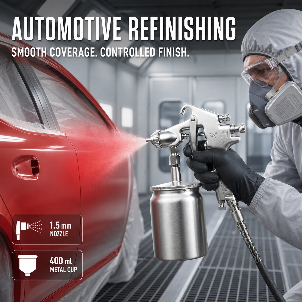 KAMSIN W-71 Professional Pneumatic Spray Gun, 1.5 mm Fluid Nozzle, 400 ml Bottom-Feed Aluminum Cup, 3-Way Adjustable Control, Lightweight Alloy Body, for Automotive, Wood Furniture, and General Finishing