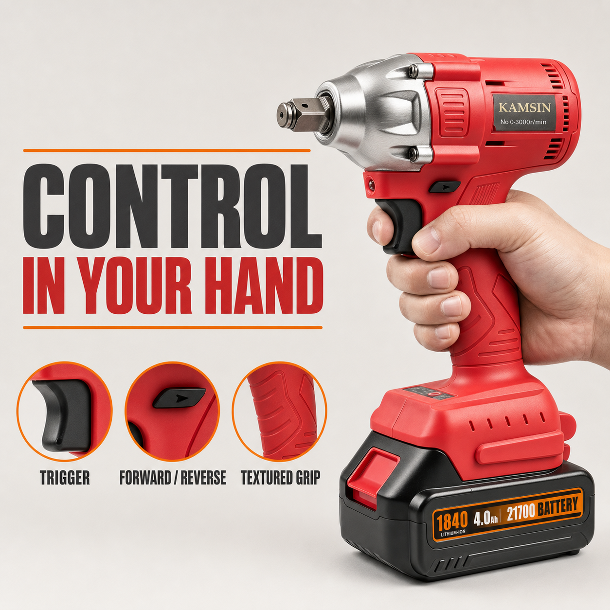 KAMSIN 1840 Cordless Impact Wrench, 18V 4.0Ah 21700 Lithium-Ion Battery, 0–3000 RPM High-Speed Motor, Reinforced Metal Anvil, Ergonomic Grip, for Scaffolding, Steel Structural Bolts, and Automotive Wheel Removal
