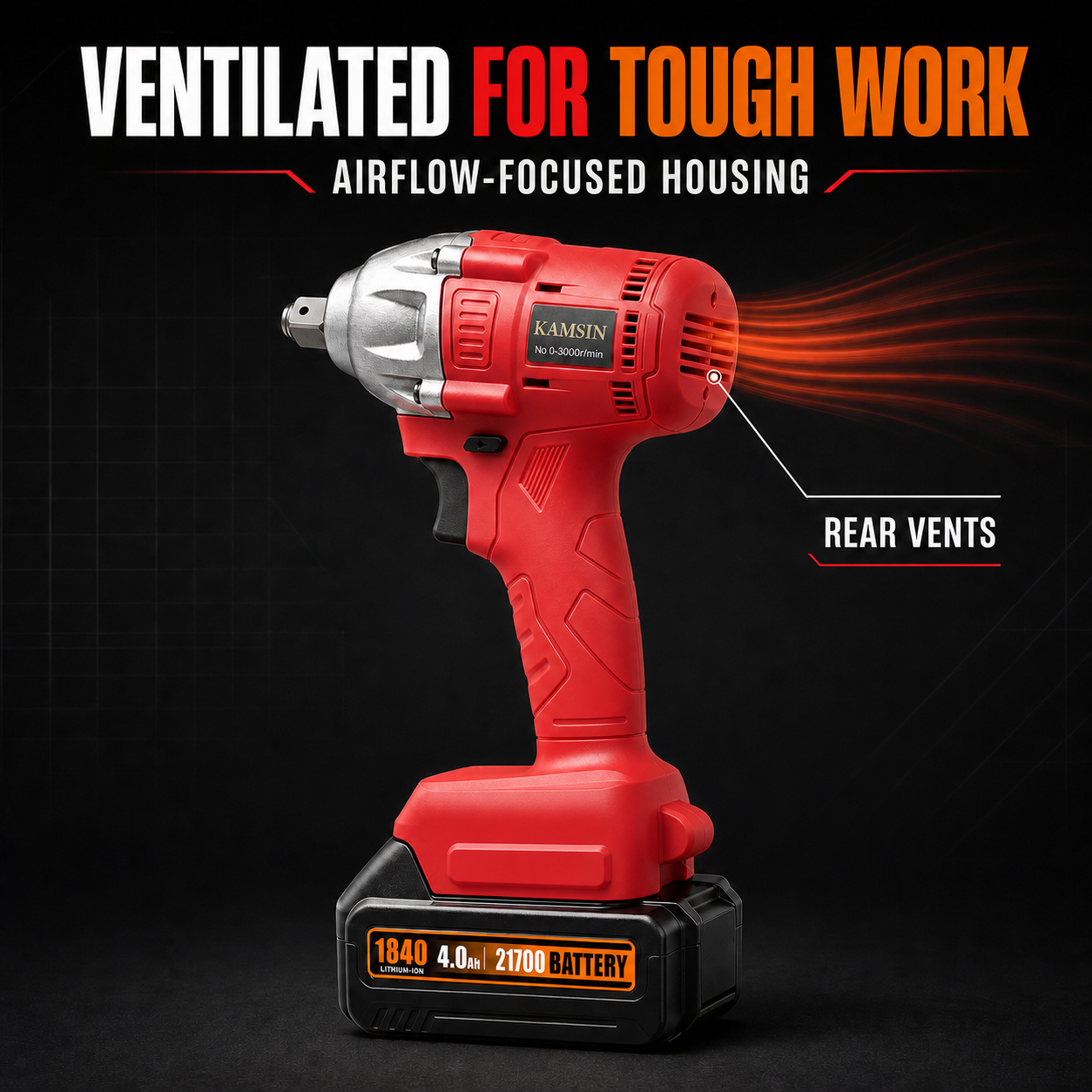 KAMSIN 1840 Cordless Impact Wrench, 18V 4.0Ah 21700 Lithium-Ion Battery, 0–3000 RPM High-Speed Motor, Reinforced Metal Anvil, Ergonomic Grip, for Scaffolding, Steel Structural Bolts, and Automotive Wheel Removal