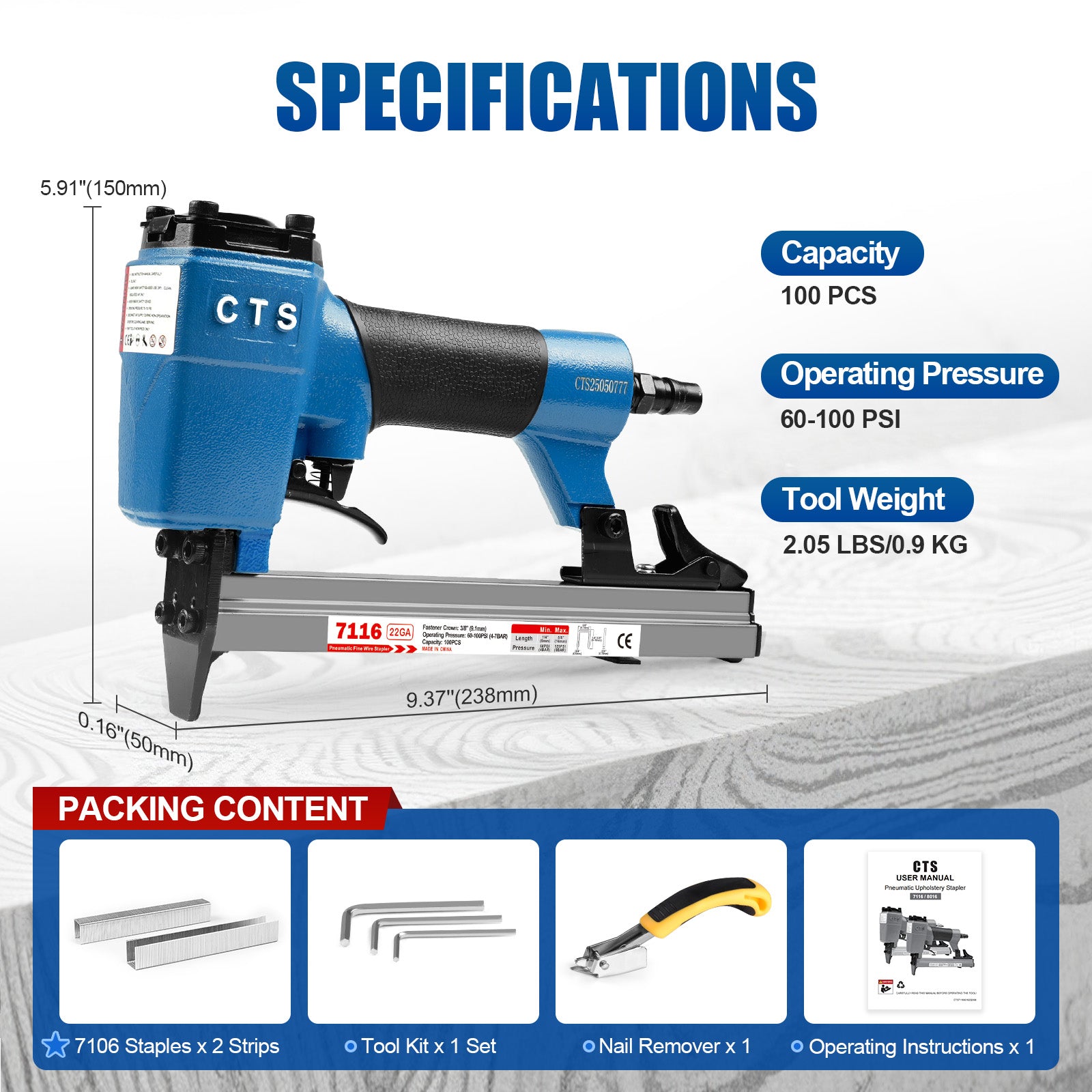 CTS 7116 Pneumatic Upholstery Stapler, 22 Guage Type 71, 3/8-Inch Crown