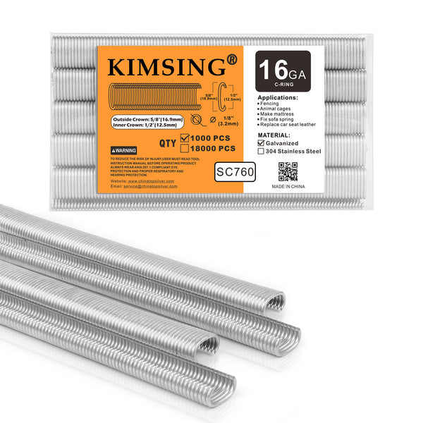 KIMSING SC760 16 Gauge 5/8'' Crown  C Ring Staples C-Rings Hog Rings  in 304 Stainless Steel & Galvanized Steel, Wire Fencing Staples, Fasteners for C Ring Stapler, Hog Ring Tool, C Ring Plier, 1000 PCS/Pack & 10000PCS/Box