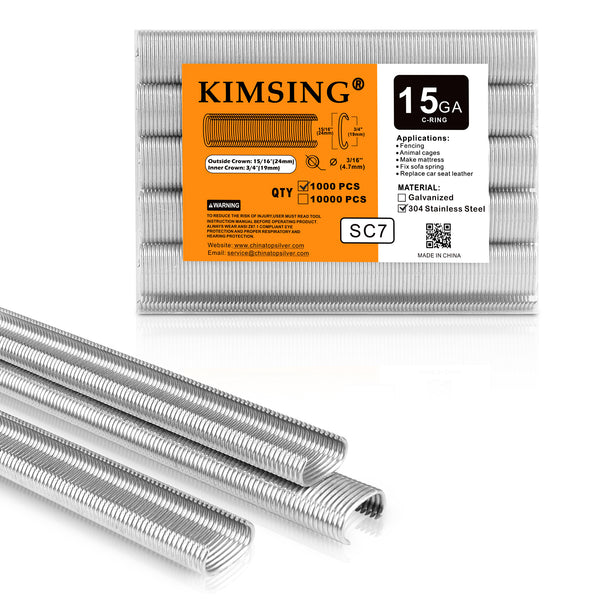 KIMSING SC7 15 Gauge 3/4'' Crown C-Rings Hog Rings  in 304 Stainless Steel & Galvanized Steel, Wire Fencing Staples, Fasteners for Hog Ring Tool, C Ring Plier, 1000 PCS/Pack & 10000PCS/Box