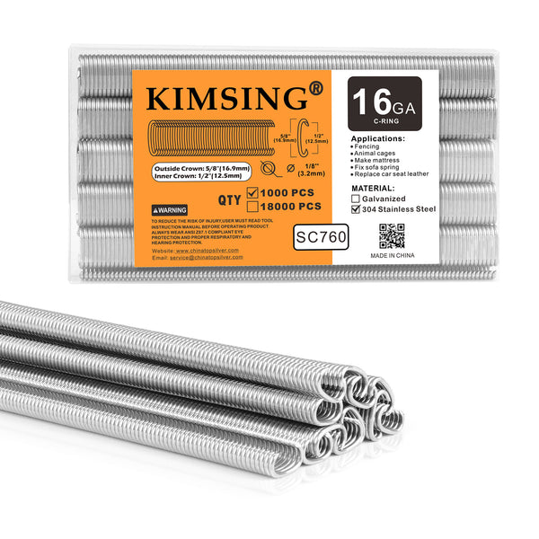 KIMSING SC760 16 Gauge 5/8'' Crown  C Ring Staples C-Rings Hog Rings  in 304 Stainless Steel & Galvanized Steel, Wire Fencing Staples, Fasteners for C Ring Stapler, Hog Ring Tool, C Ring Plier, 1000 PCS/Pack & 10000PCS/Box