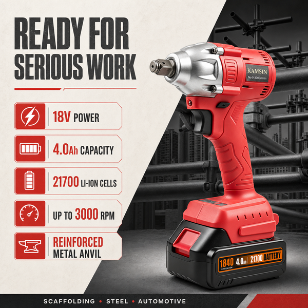 KAMSIN 1840 Cordless Impact Wrench, 18V 4.0Ah 21700 Lithium-Ion Battery, 0–3000 RPM High-Speed Motor, Reinforced Metal Anvil, Ergonomic Grip, for Scaffolding, Steel Structural Bolts, and Automotive Wheel Removal