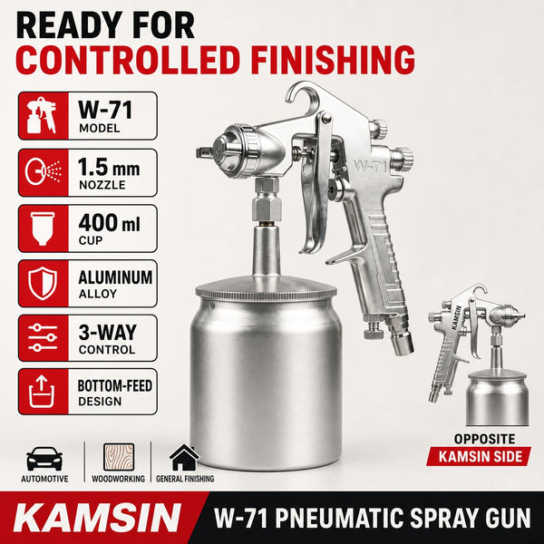 KAMSIN W-71 Professional Pneumatic Spray Gun, 1.5 mm Fluid Nozzle, 400 ml Bottom-Feed Aluminum Cup, 3-Way Adjustable Control, Lightweight Alloy Body, for Automotive, Wood Furniture, and General Finishing