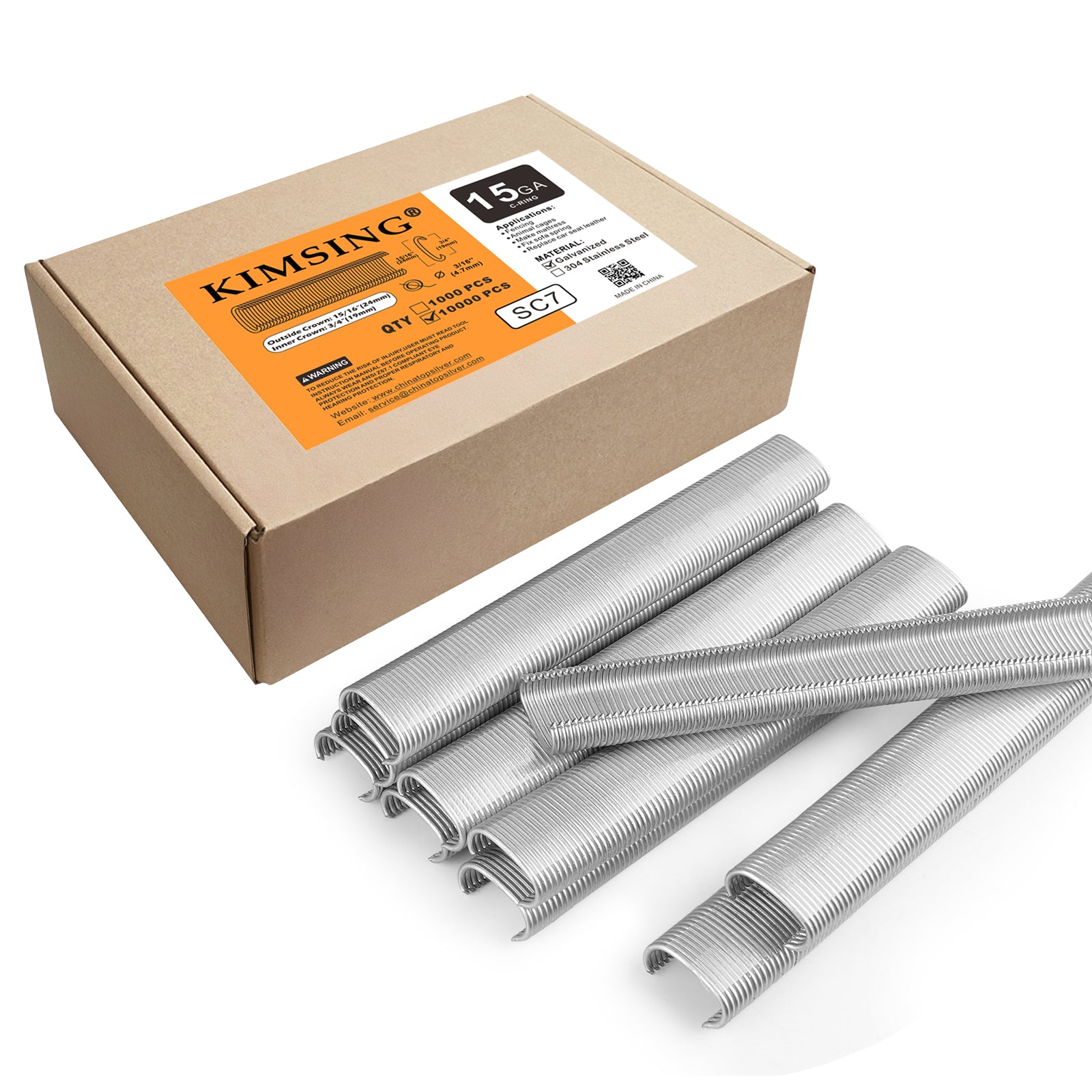 KIMSING SC7 15 Gauge 3/4'' Crown C-Rings Hog Rings  in 304 Stainless Steel & Galvanized Steel, Wire Fencing Staples, Fasteners for Hog Ring Tool, C Ring Plier, 1000 PCS/Pack & 10000PCS/Box