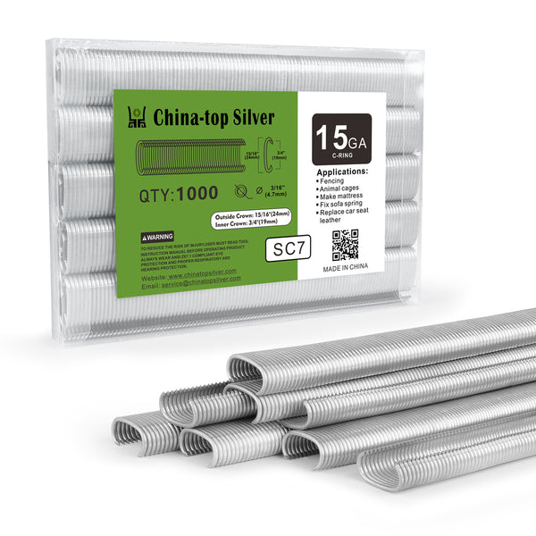 China-top Silver SC7 15 Gauge 3/4'' Crown C Ring Staples Hog Rings in 304 Stainless Steel & Galvanized Steel, Wire Fencing Staples, Fasteners for Hog Ring Tool, C Ring Plier, 1000 PCS/Pack & 10000PCS/Box