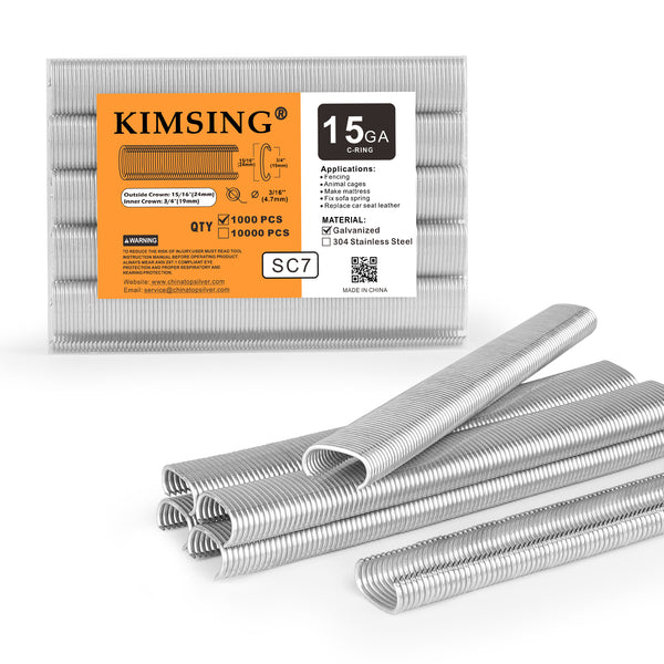 KIMSING SC7 15 Gauge 3/4'' Crown C-Rings Hog Rings  in 304 Stainless Steel & Galvanized Steel, Wire Fencing Staples, Fasteners for Hog Ring Tool, C Ring Plier, 1000 PCS/Pack & 10000PCS/Box