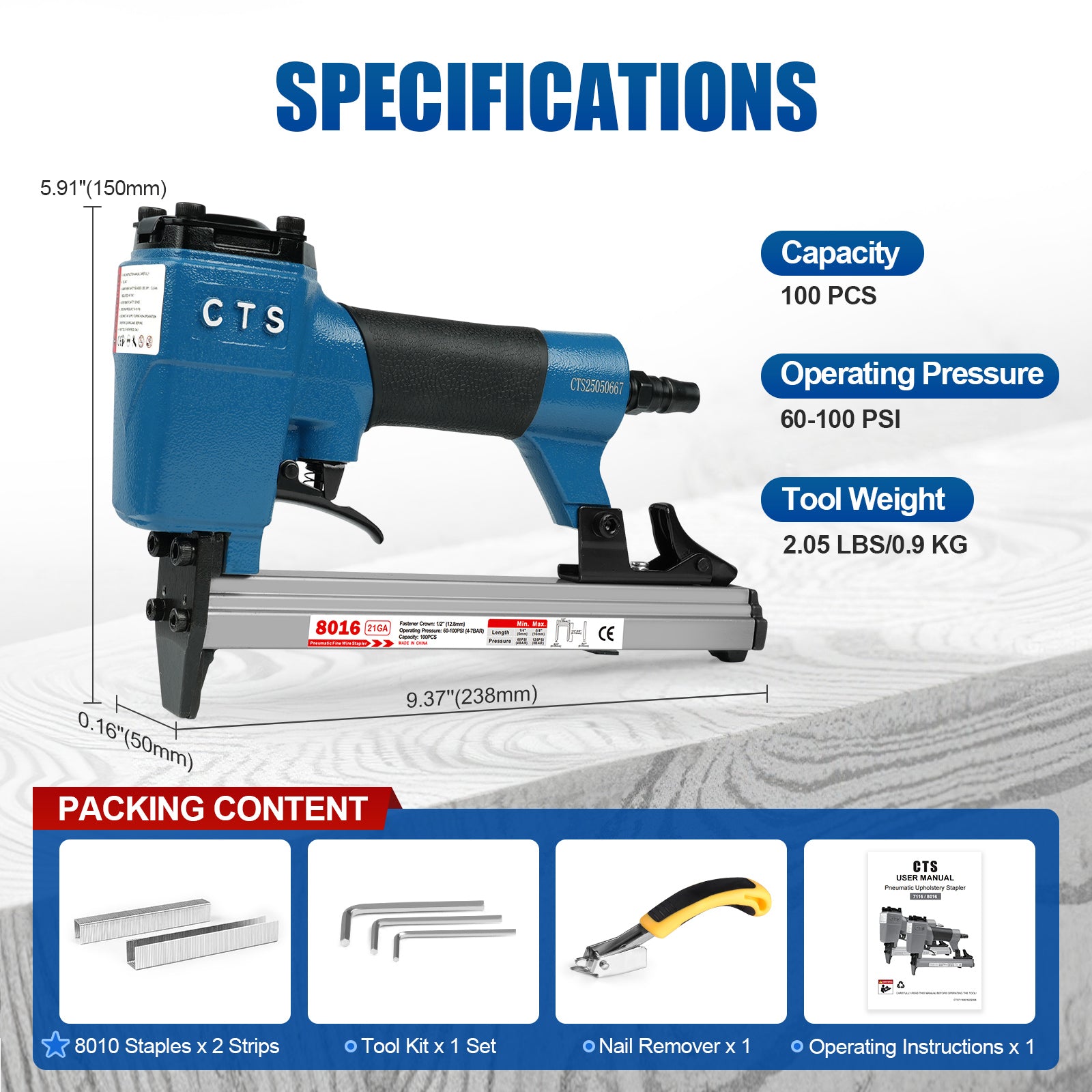 CTS 8016 Pneumatic Upholstery Stapler, 21 Guage Type 80, 1/2-Inch Crown