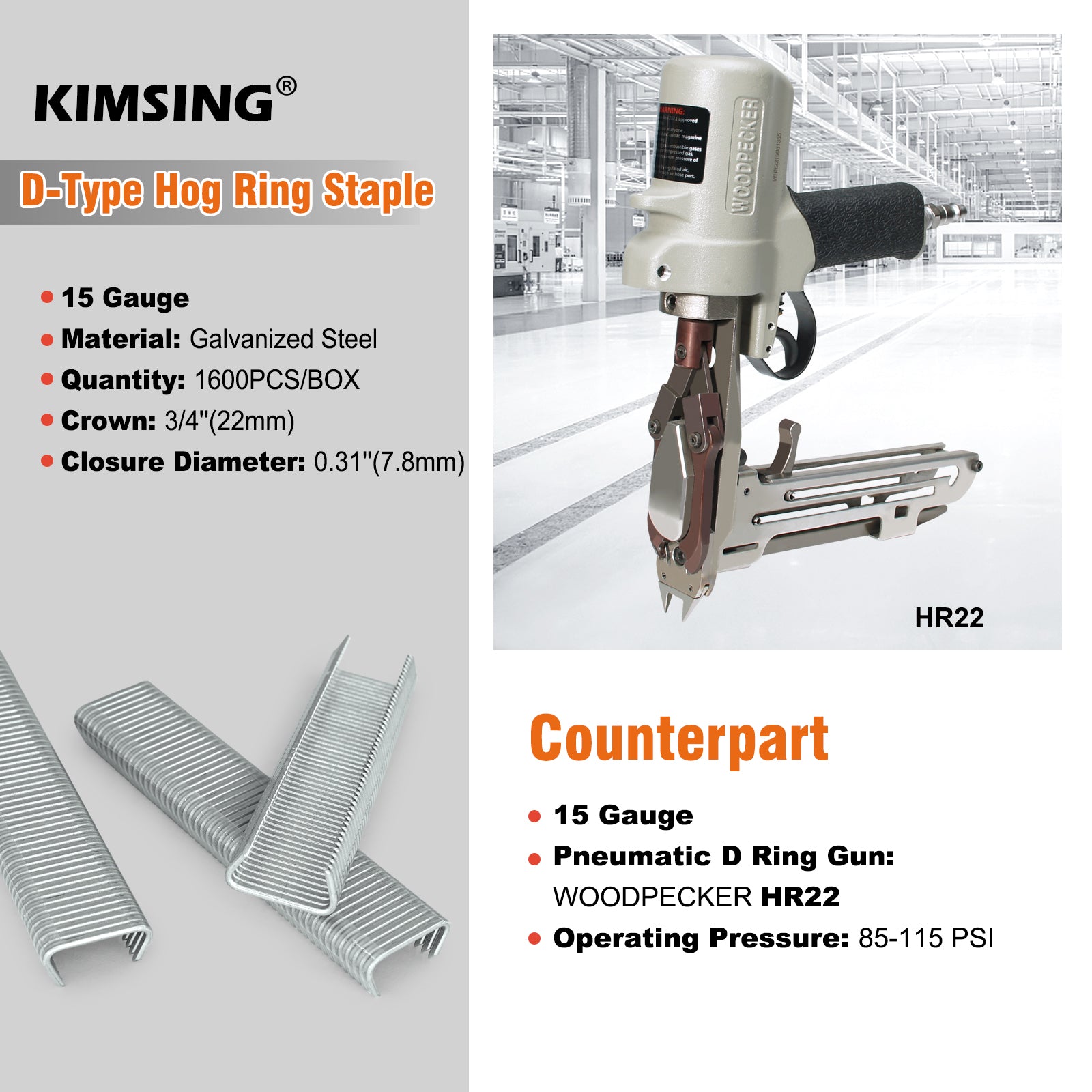 WOODPECKER HR-22 15 Gauge Pneumatic D Ring Hog Ringer Gun, Hog Ring Plier with Sharp Muzzle, Similar to TR203, HR 60-22 Hog Ring Gun, for Fastening Car Seat Foam