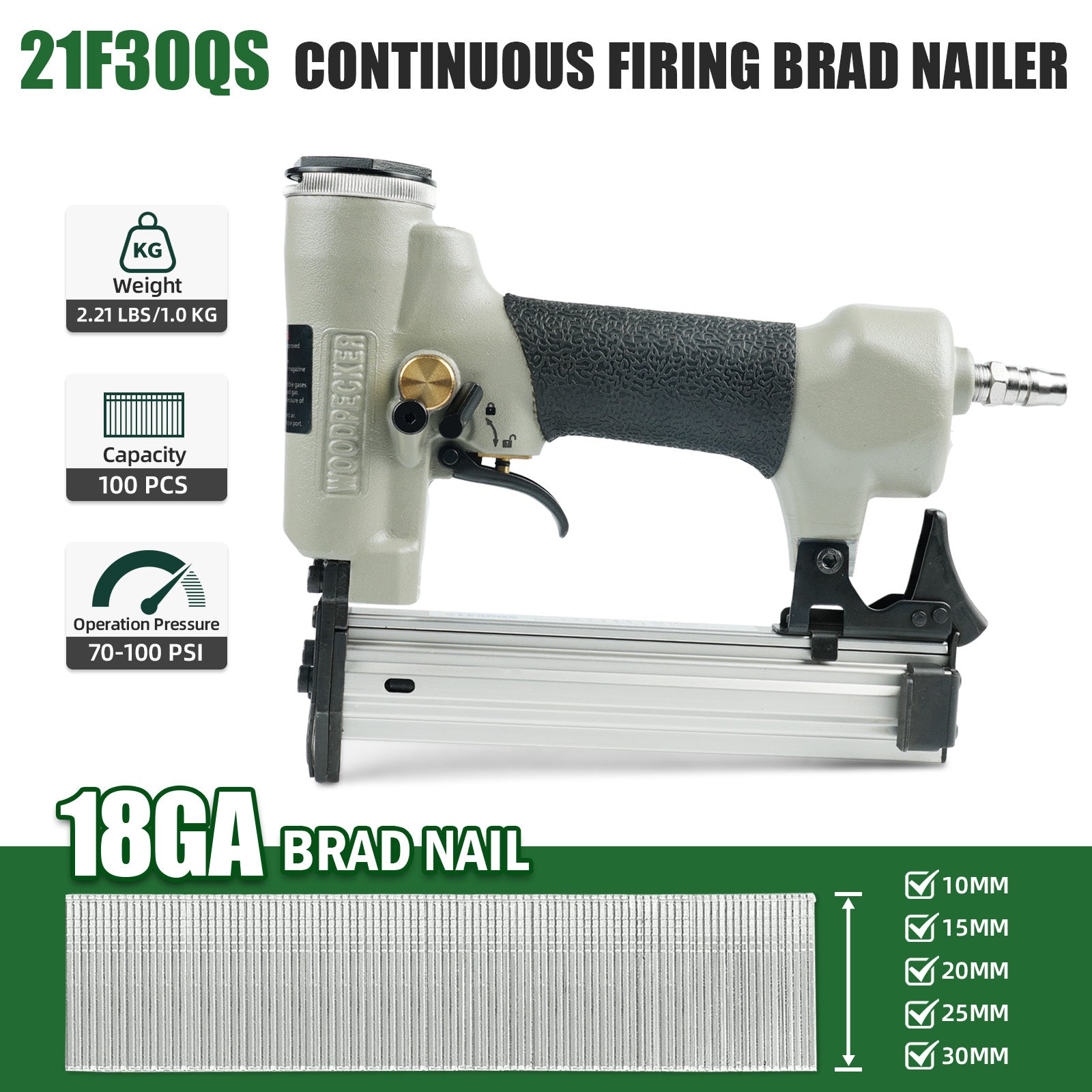 Woodpecker F30S Pneumatic Brad Nailer, 18 Gauge, 3/8-inch to 1-3/16-Inch (10mm-30mm)