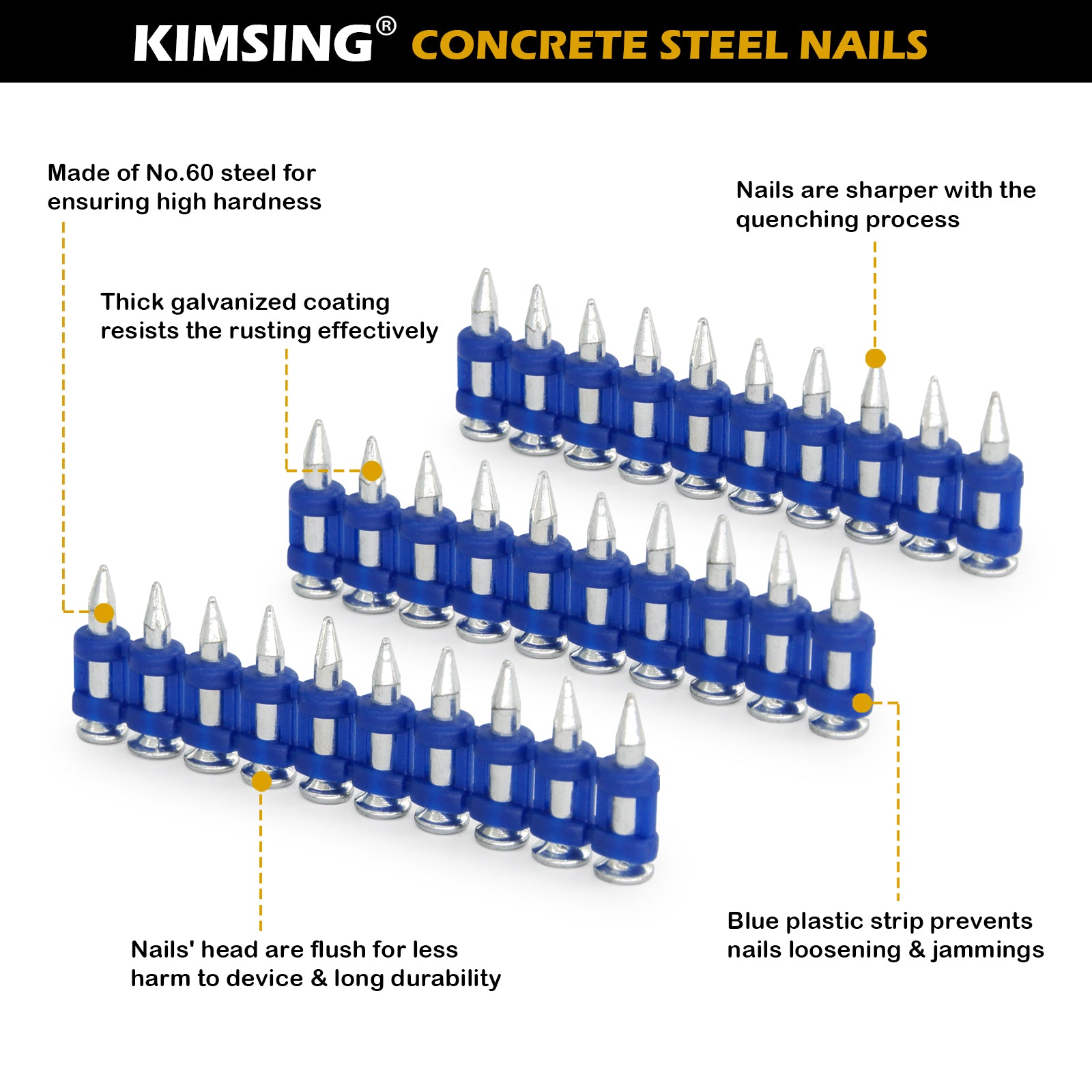 KIMSING MTSD-19 12 Gauge 3/4 Inch X .109 Inch Smooth Shank Plastic Collated Concrete and Steel Drive Pin Mechanical Galvanized for Gas Power Concrete and Steel Nailer 1000 PCS/Box