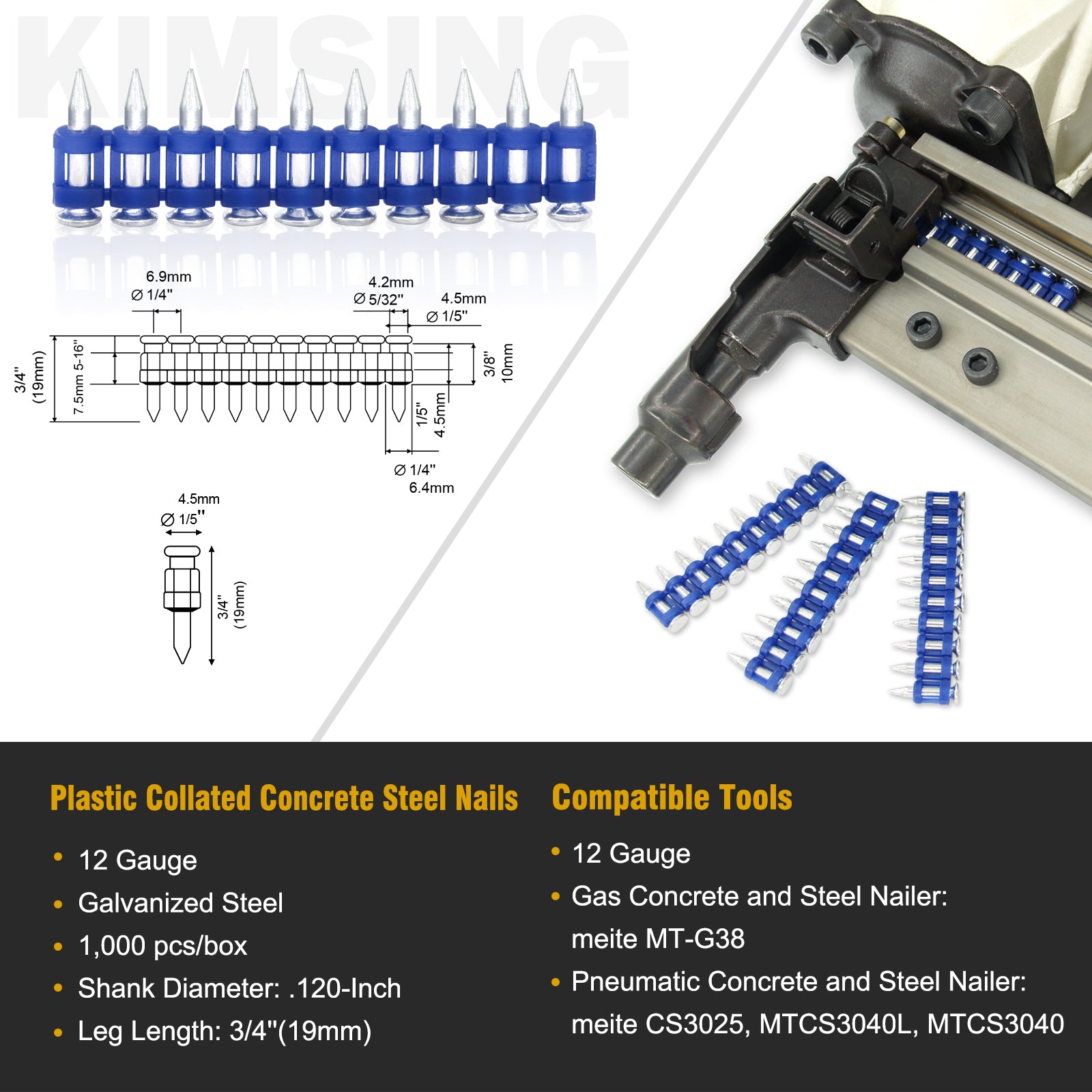 KIMSING MTSD-19 12 Gauge 3/4 Inch X .109 Inch Smooth Shank Plastic Collated Concrete and Steel Drive Pin Mechanical Galvanized for Gas Power Concrete and Steel Nailer 1000 PCS/Box