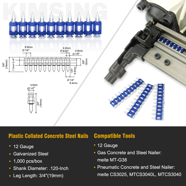 KIMSING MTSD-19 12 Gauge 3/4 Inch X .109 Inch Smooth Shank Plastic Collated Concrete and Steel Drive Pin Mechanical Galvanized for Gas Power Concrete and Steel Nailer 1000 PCS/Box