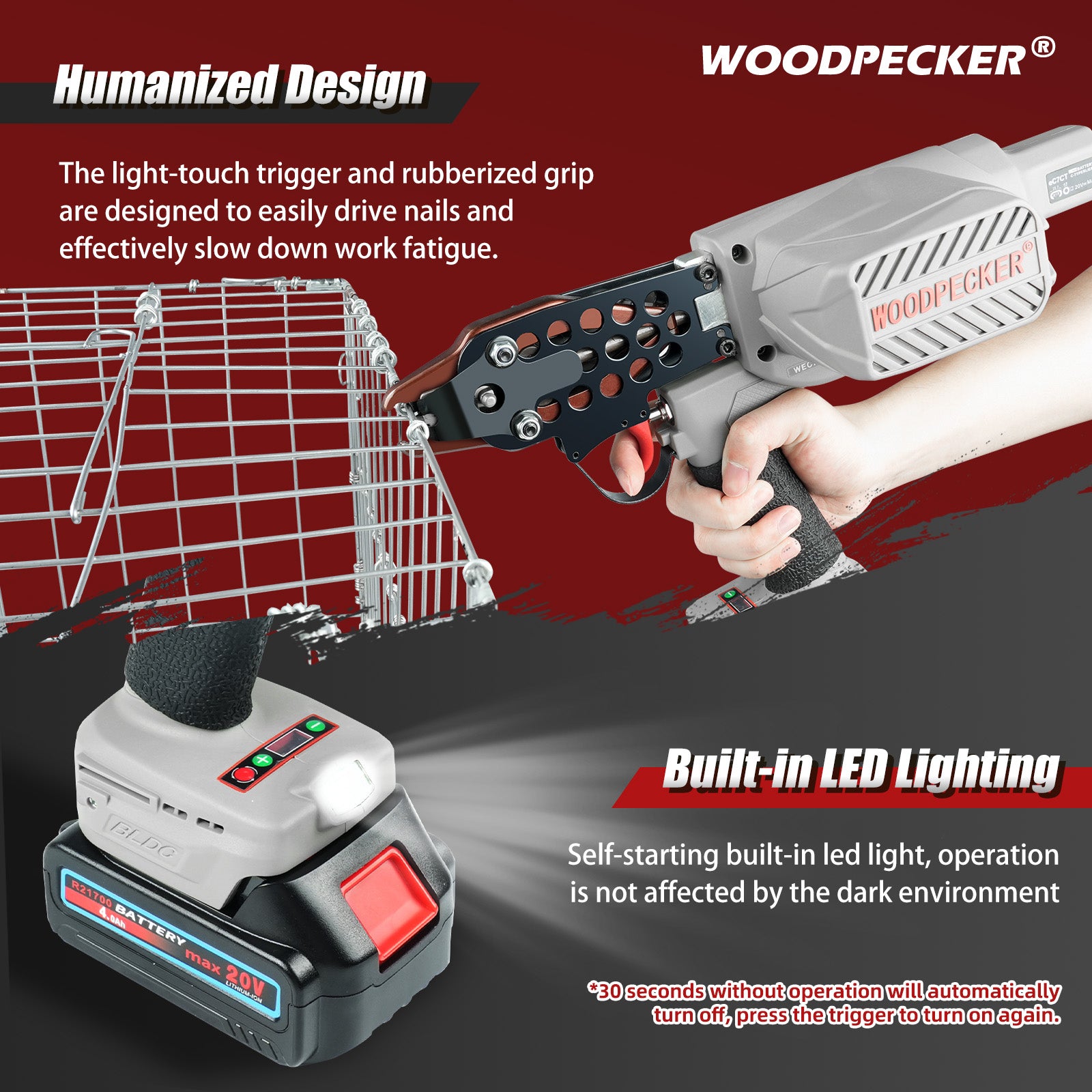 WOODPECKER eC7CT 15GA Cordless 20V 4.0Ah Electric Hog Ring Gun, 3/4-Inch Crown, 4.8-5.2mm Closure Diameter, Battery Powered C Ring Plier Tool for Fencing, Wire Cages