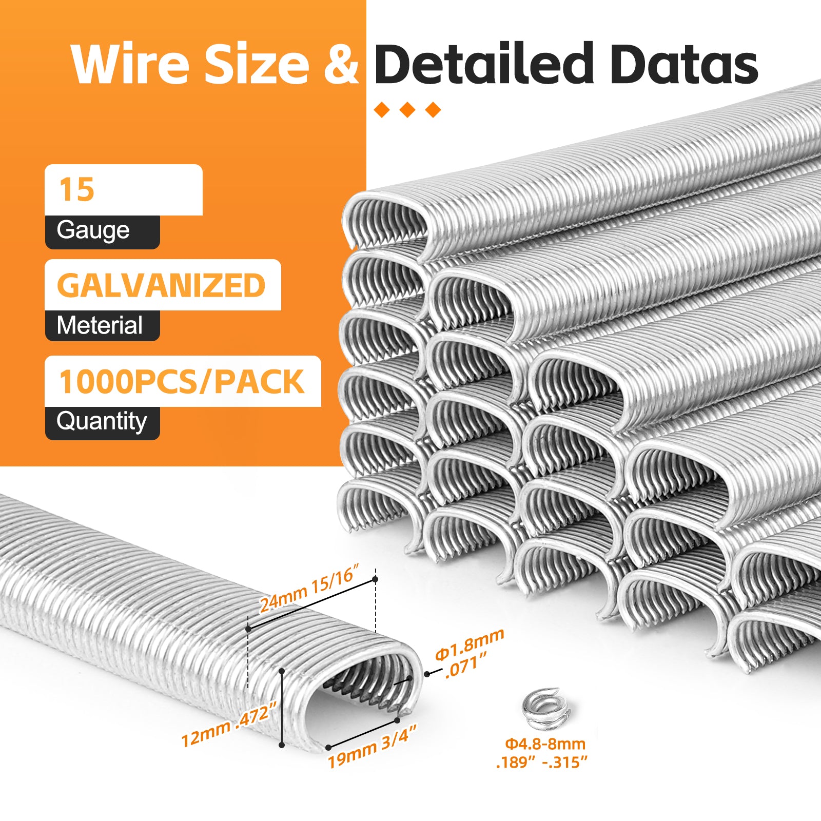 KIMSING SC7 15 Gauge 3/4'' Crown C-Rings Hog Rings  in 304 Stainless Steel & Galvanized Steel, Wire Fencing Staples, Fasteners for Hog Ring Tool, C Ring Plier, 1000 PCS/Pack & 10000PCS/Box