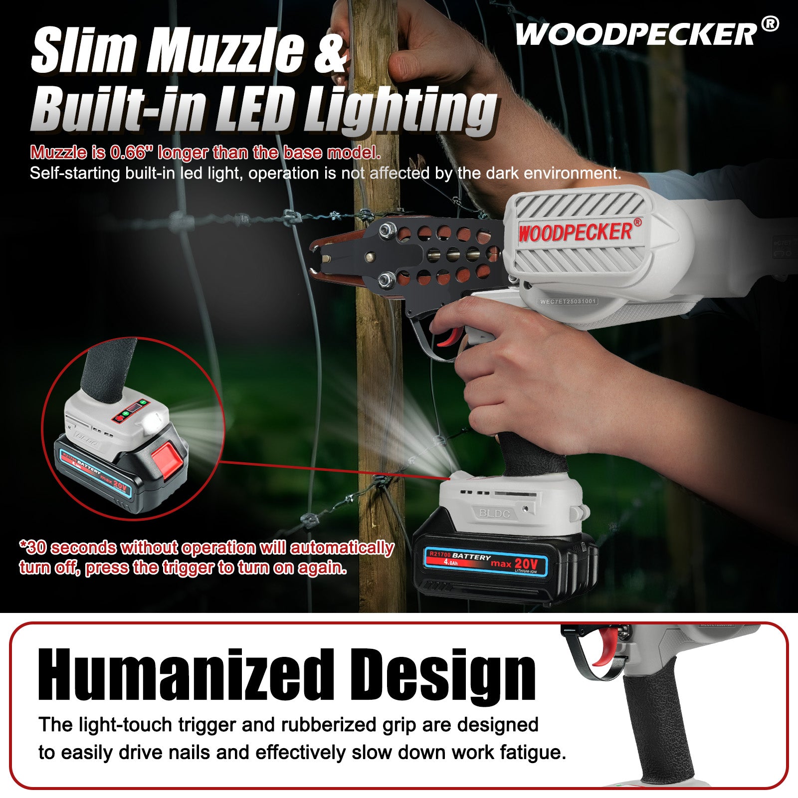 WOODPECKER eC7ET 15GA Cordless 20V 4.0Ah Electric Hog Ring Gun, 3/4-Inch Crown, 7.0-8.0mm Closure Diameter, Battery Powered C Ring Plier Tool for Fencing, Wire Cages