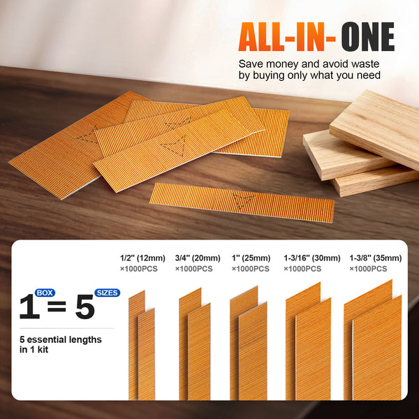 KIMSING 23 Gauge 5 Sizes Assorted Copper & Stainless Steel Headless Pin Nails (1/2", 3/4", 1", 1-3/16", 1-3/8"), Multi-Pack Pinner Pins for Pin Nailer Gun, 4500 Pieces