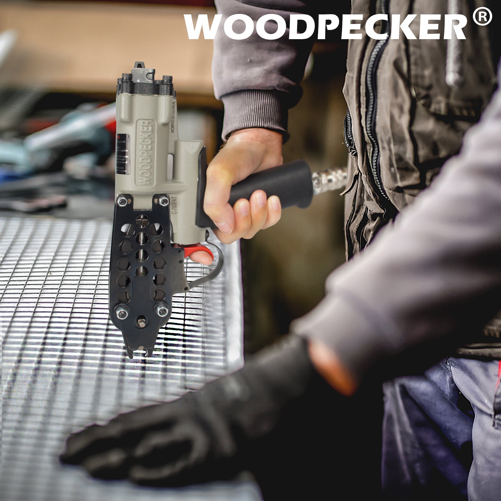 WOODPECKER C-760FA 16 Guage Pneumatic Hog Ring Gun, Standard 3.0mm Closure Diameter, 1/2-Inch Crown Hog Ring Staples