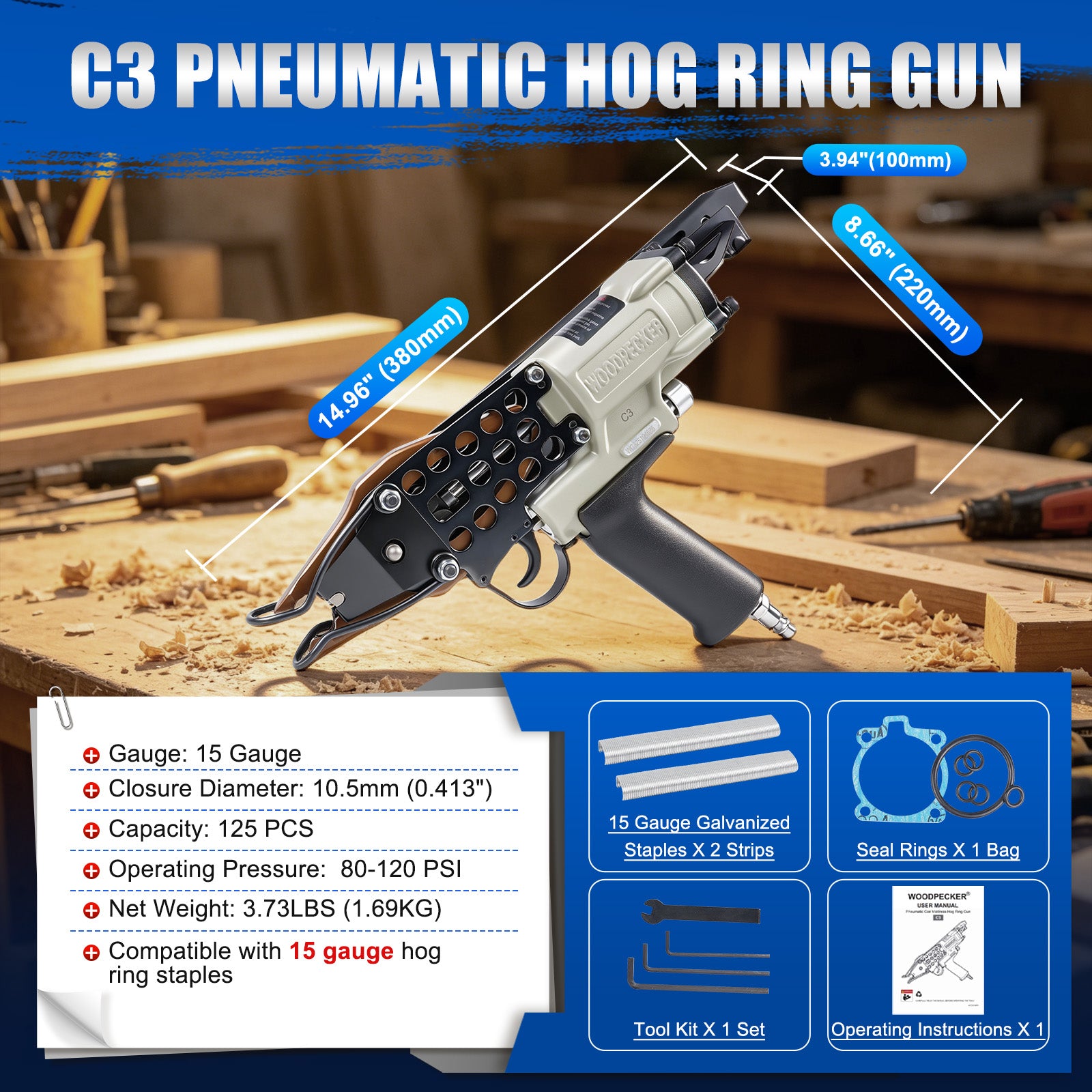 WOODPECKER C3 Pneumatic Coir Mattress Hog Ring Gun, 15 Gauge, 1-1/8-Inch Crown, 10.5mm Closing Diameter