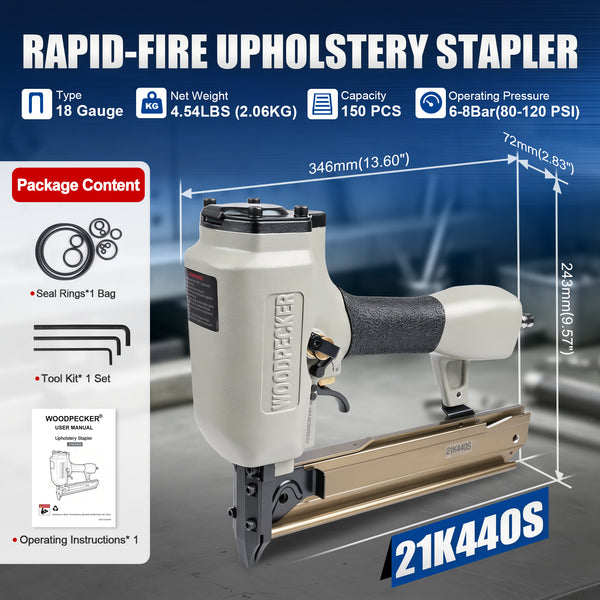 WOODPECKER 21K440S 18 Gauge 1/4-Inch Rapid-Fire Upholstery Stapler, Fits 1" to 1-5/8" Length Staples