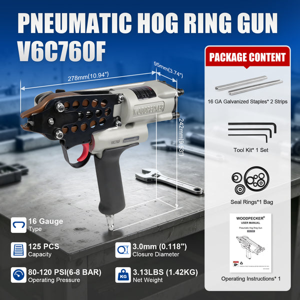 WOODPECKER V6C760F Pneumatic Hog Ring Gun, 1/2-Inch Crown, 3.0mm Closure Diameter