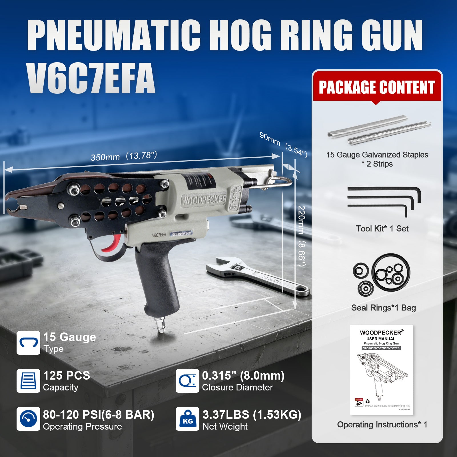 WOODPECKER V6C7EFA 15 Gauge 3/4-Inch Pneumatic Hog Ring Gun 7.5-8.3mm Closure Diameter with Stainless Steel Magazine