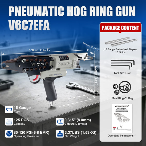 WOODPECKER V6C7EFA 15 Gauge 3/4-Inch Pneumatic Hog Ring Gun 7.5-8.3mm Closure Diameter with Stainless Steel Magazine