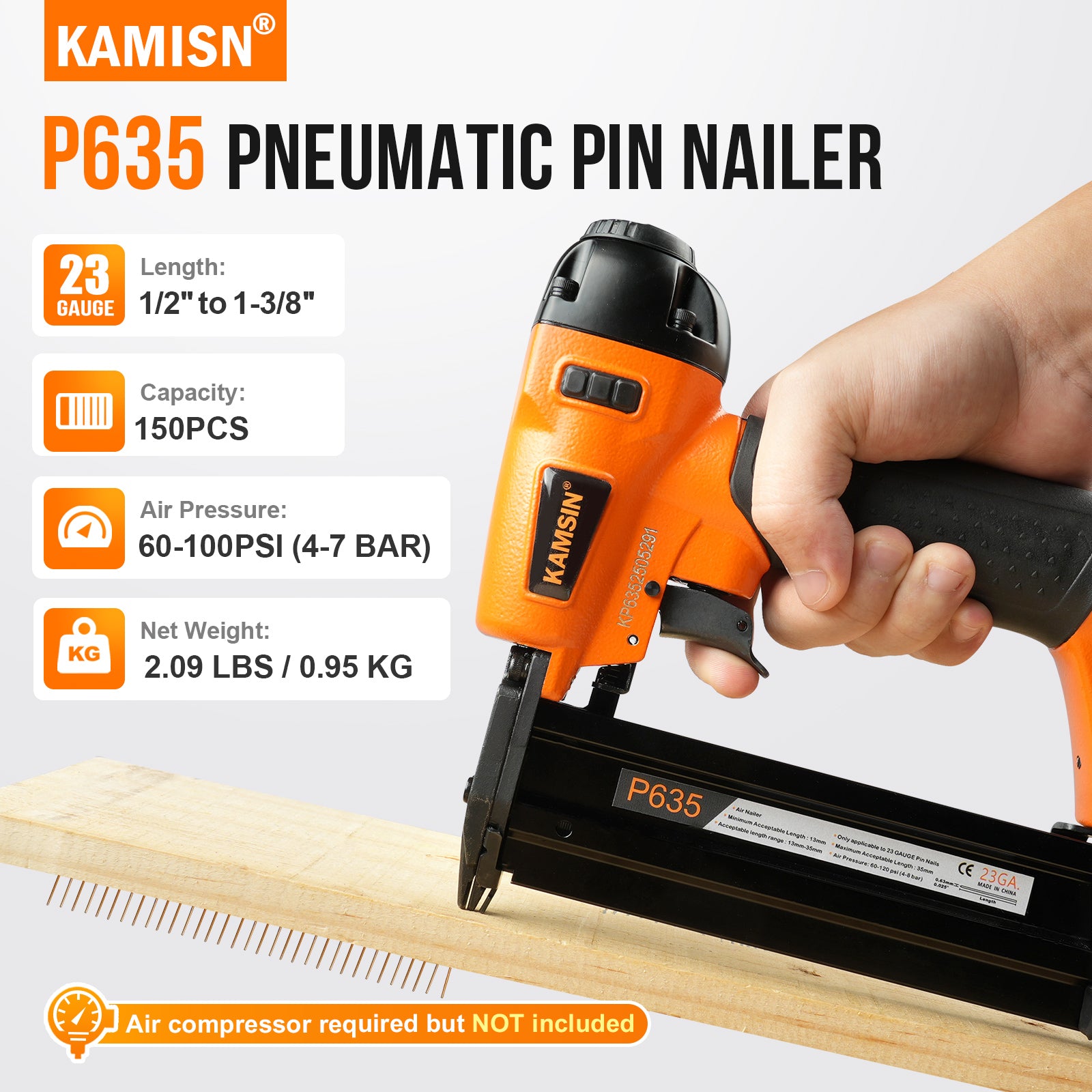 KAMSIN P635 Pneumatic Headless Pin Nailer, 23 Gauge, 1/2-Inch to 1-3/8-Inch (12 to 35mm)