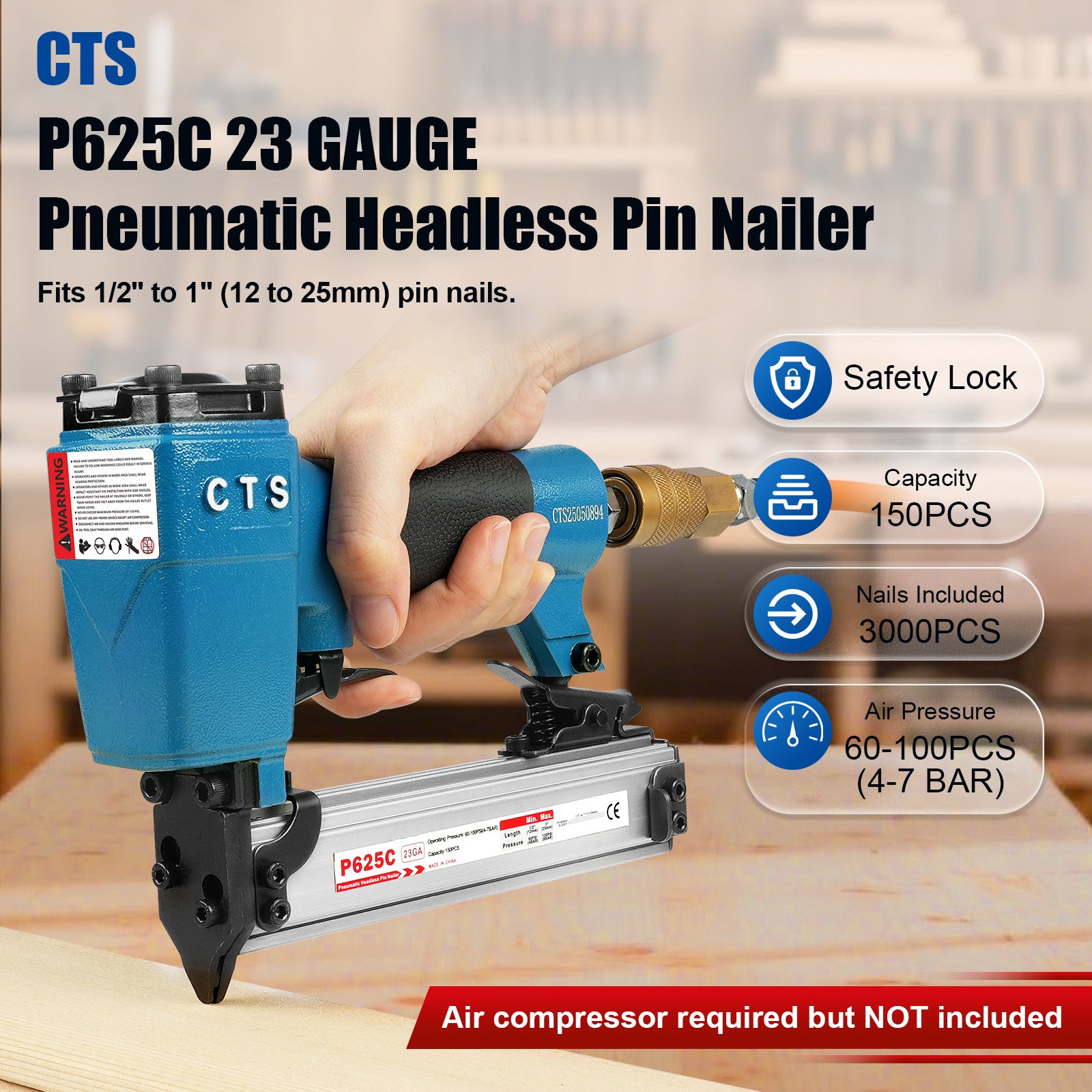 CTS P625C Pneumatic Headless Pin Nailer, 23 Gauge, 1/2-Inch to 1-Inch (12 to 25mm)