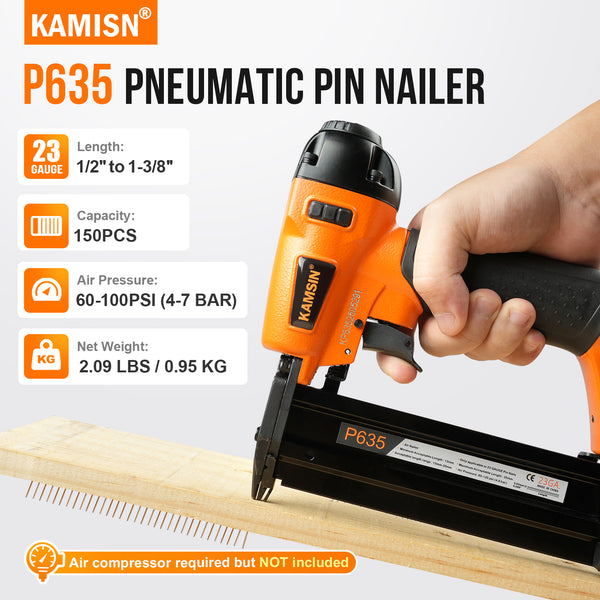 KAMSIN P635 Pneumatic Headless Pin Nailer, 23 Gauge, 1/2-Inch to 1-3/8-Inch (12 to 35mm)