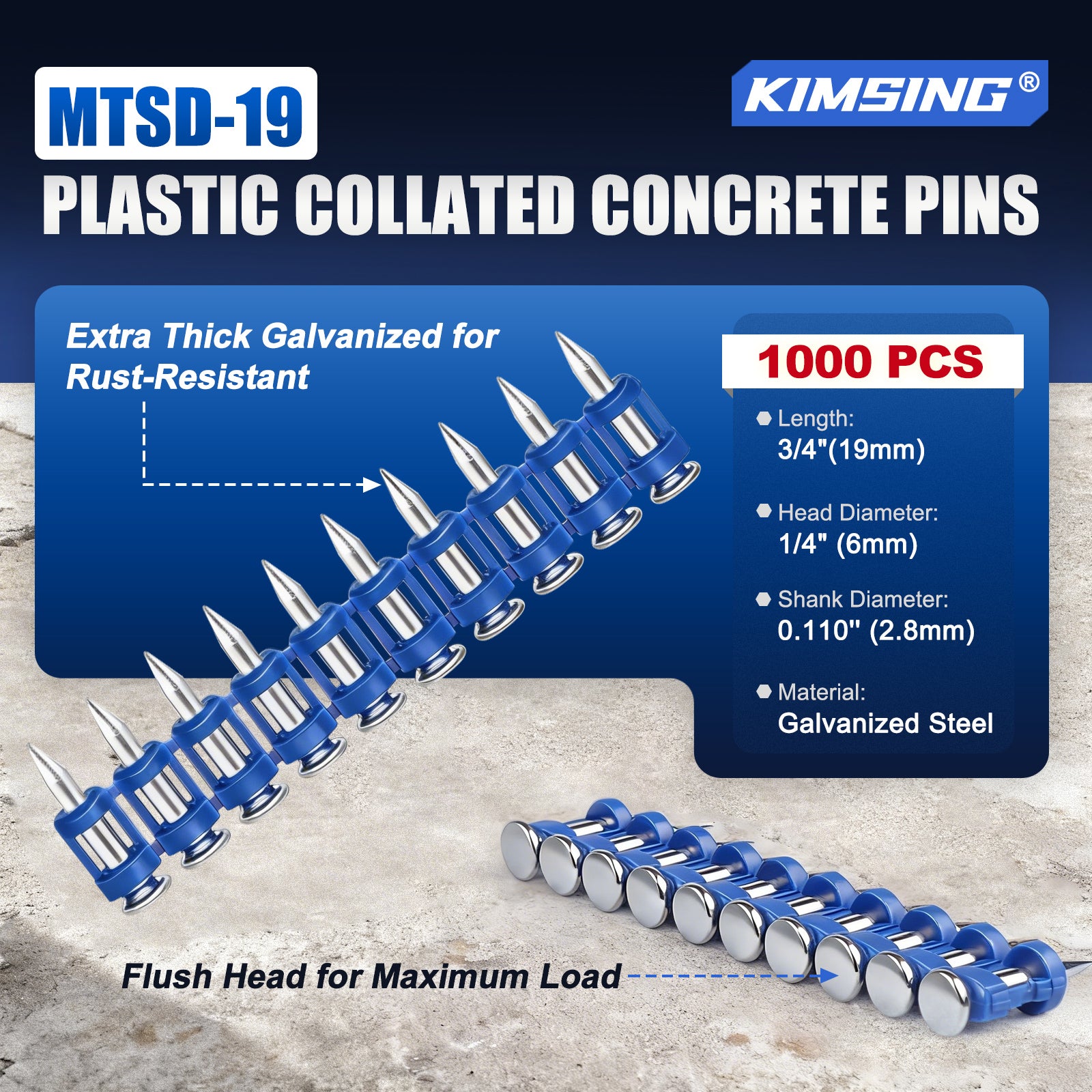 KIMSING 3/4 Inch Plastic Collated Concrete Pins, 1000PCS Box, 12 Gauge