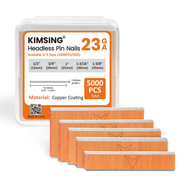 KIMSING 23 Gauge 5 Sizes Assorted Copper & Stainless Steel Headless Pin Nails (1/2", 3/4", 1", 1-3/16", 1-3/8"), Multi-Pack Pinner Pins for Pin Nailer Gun, 4500 Pieces